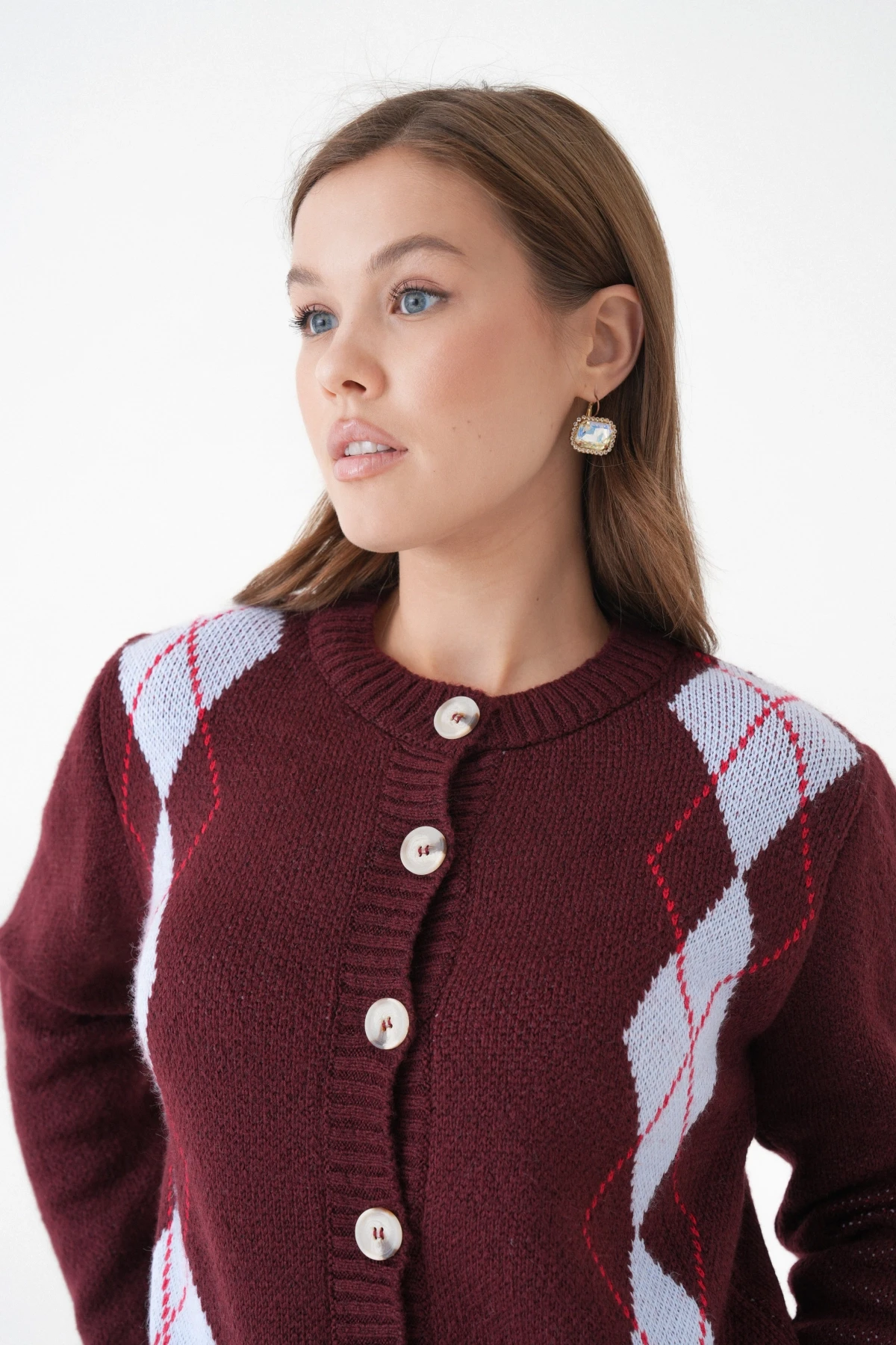 Kadın Bordo Bisiklet Yaka Düğme Detay Desenli Triko Hırka