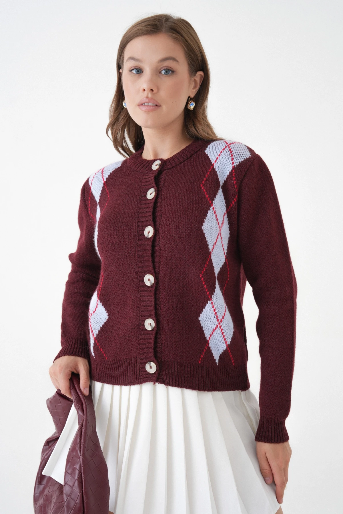 Kadın Bordo Bisiklet Yaka Düğme Detay Desenli Triko Hırka