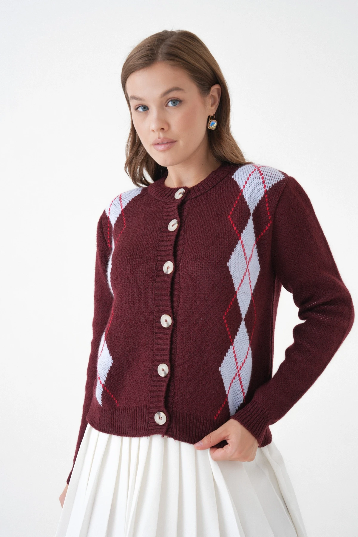 Kadın Bordo Bisiklet Yaka Düğme Detay Desenli Triko Hırka