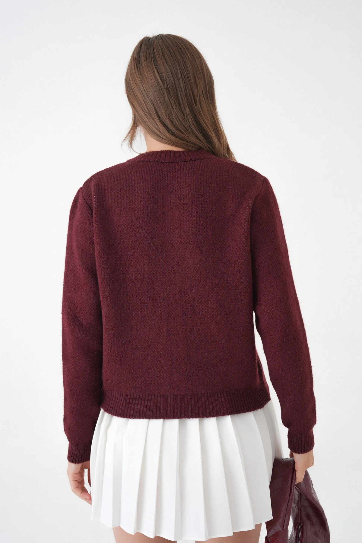 Kadın Bordo Bisiklet Yaka Düğme Detay Desenli Triko Hırka