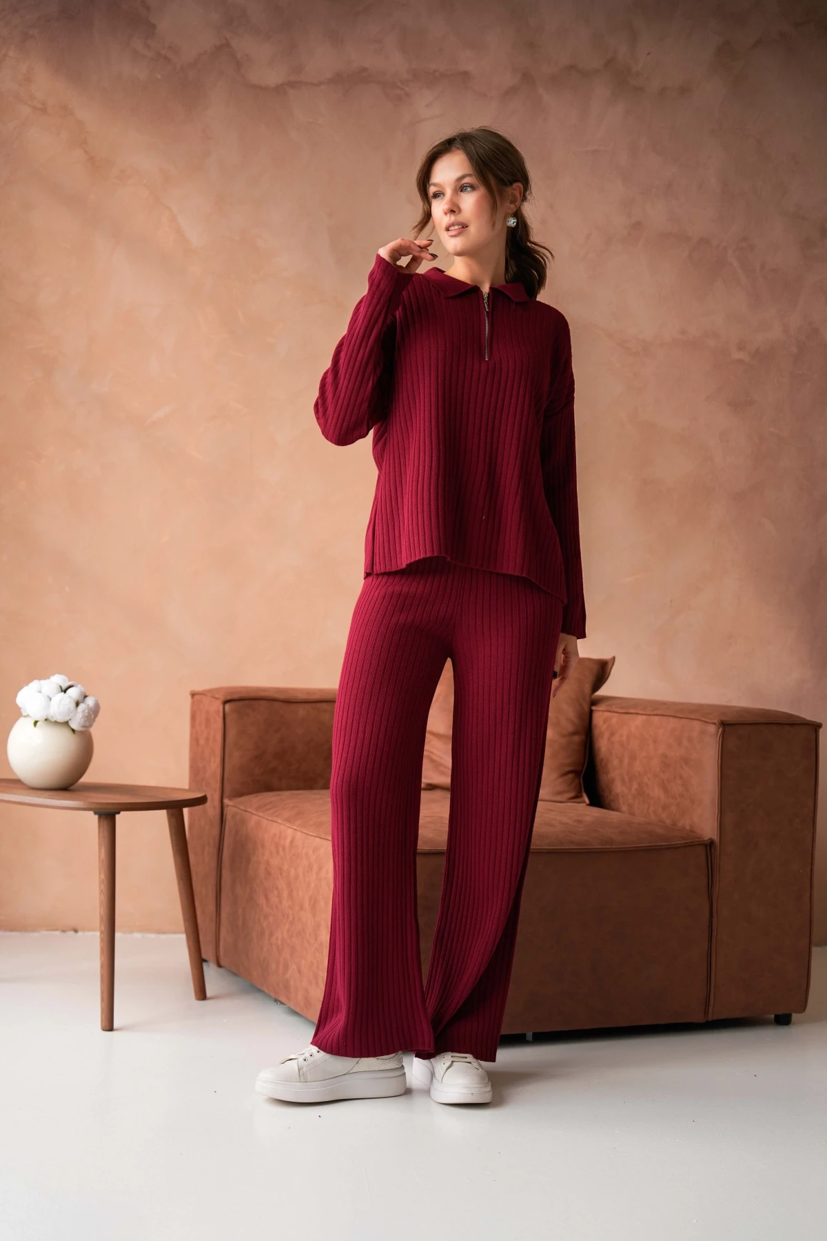 Kadın Bordo Polo Yaka Oversize Kazak Pantolon Triko Alt-Üst Takım