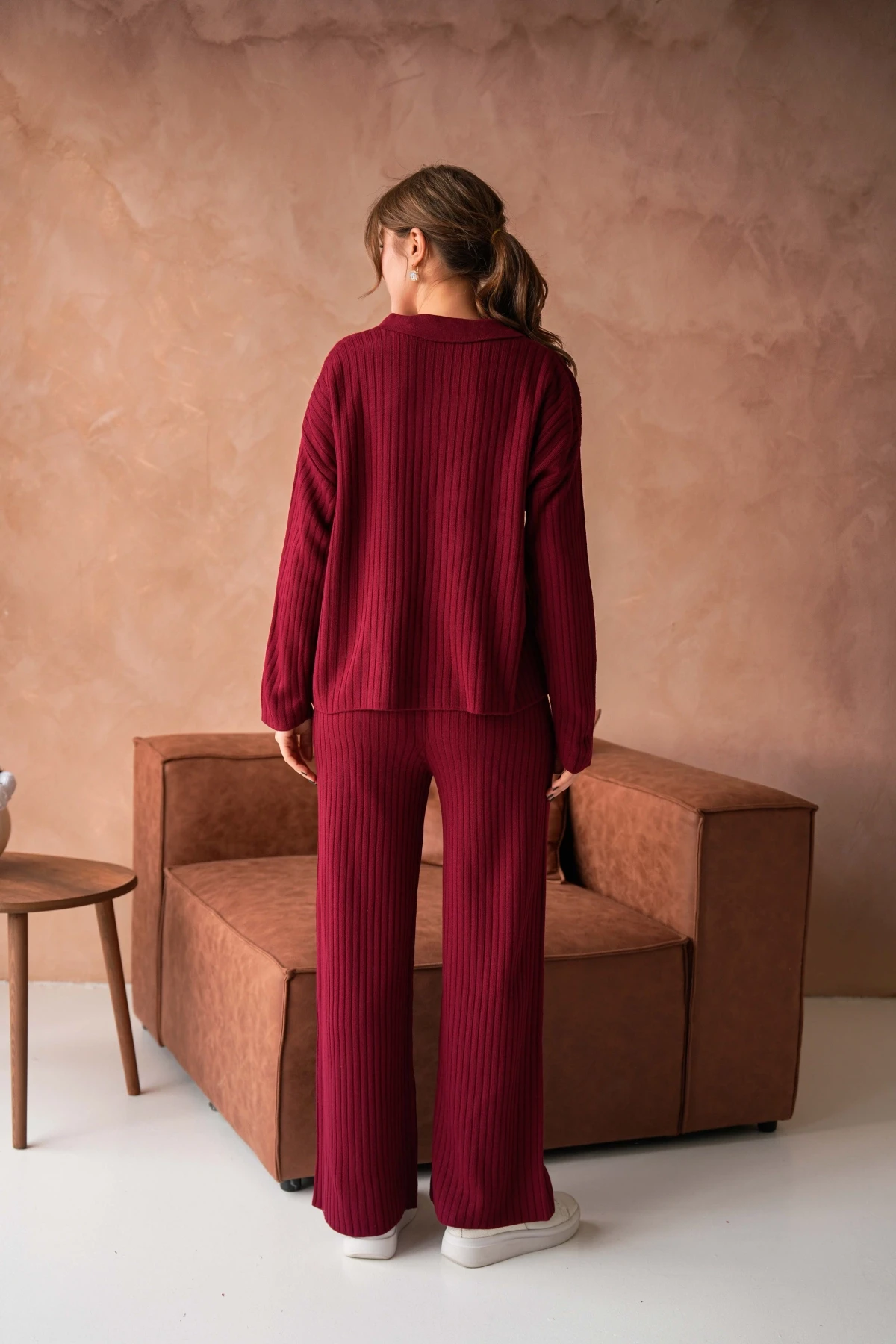 Kadın Bordo Polo Yaka Oversize Kazak Pantolon Triko Alt-Üst Takım