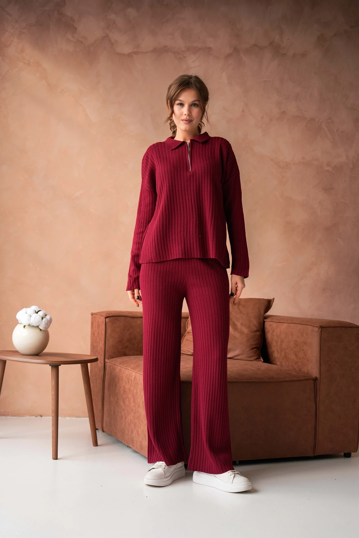 Kadın Bordo Polo Yaka Oversize Kazak Pantolon Triko Alt-Üst Takım