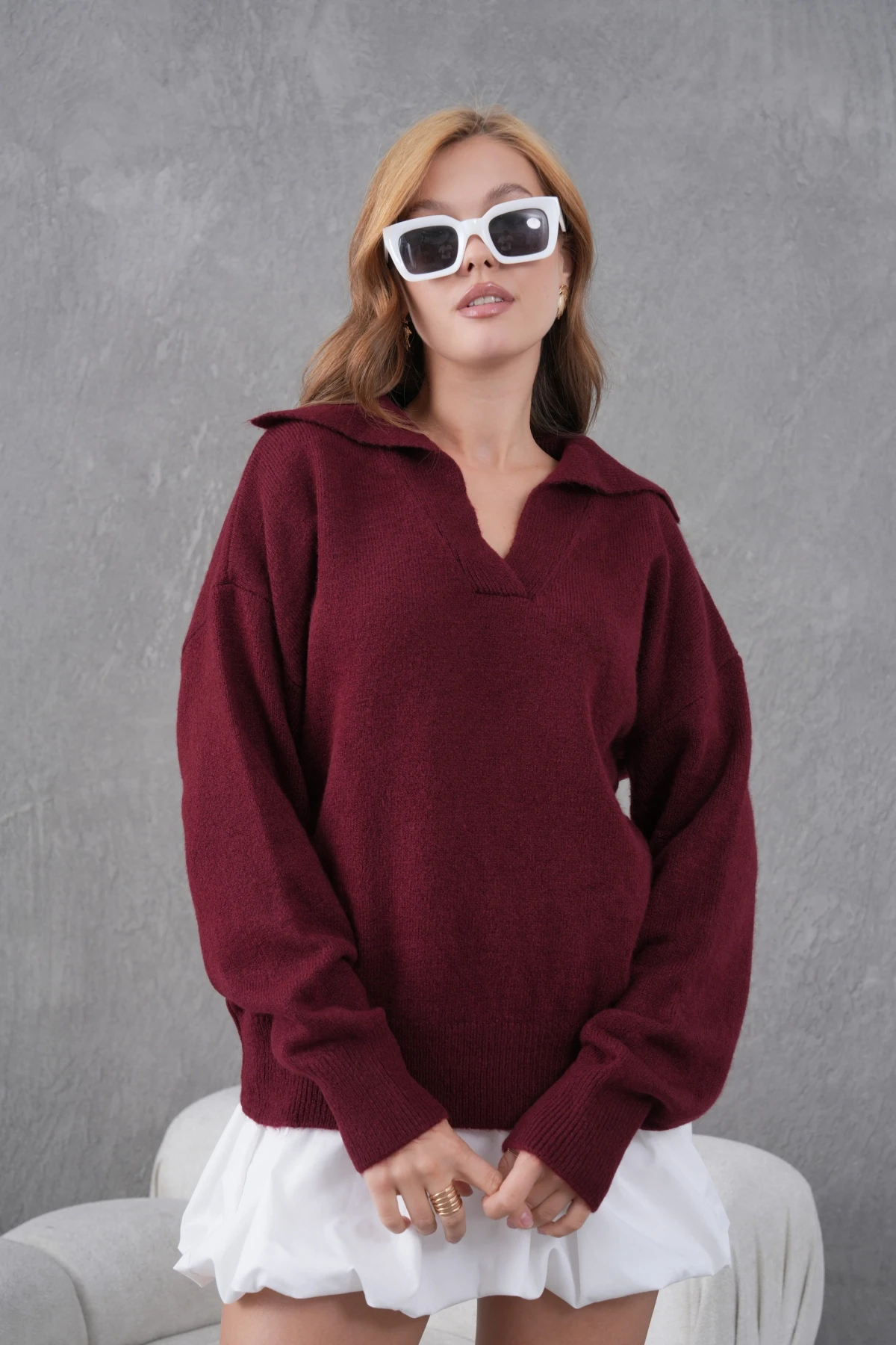 Kadın Bordo Polo Yaka Oversize Yarım Pat Yumuşak Dokulu Triko Kazak