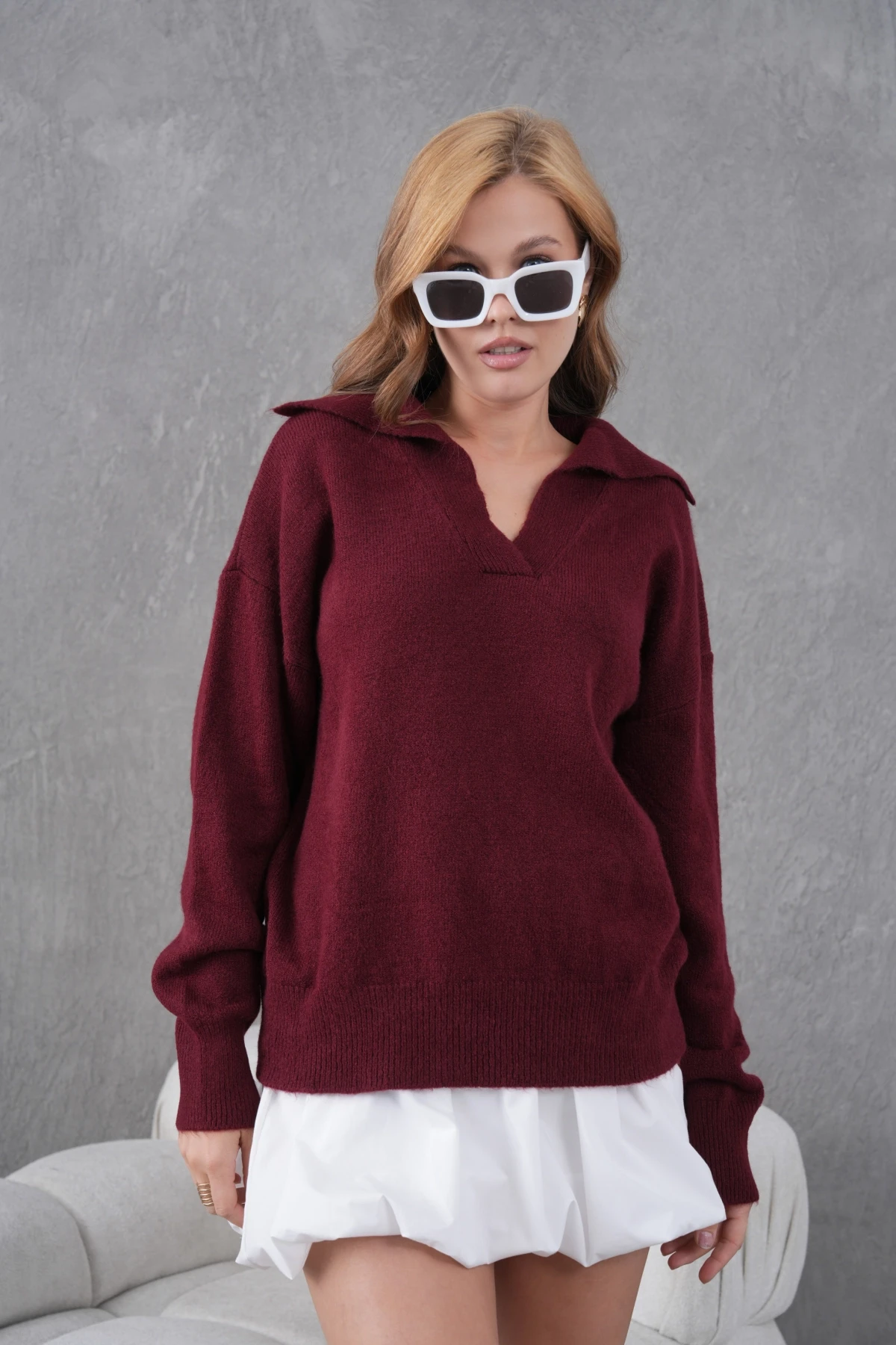 Kadın Bordo Polo Yaka Oversize Yarım Pat Yumuşak Dokulu Triko Kazak