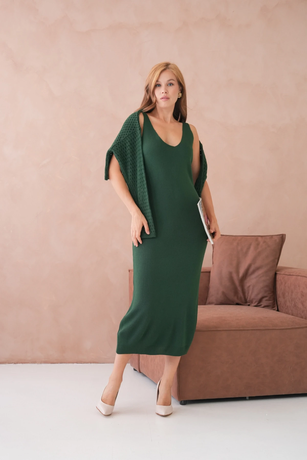 Kadın Geniş Yaka Örgü Detay İkili Triko Takım