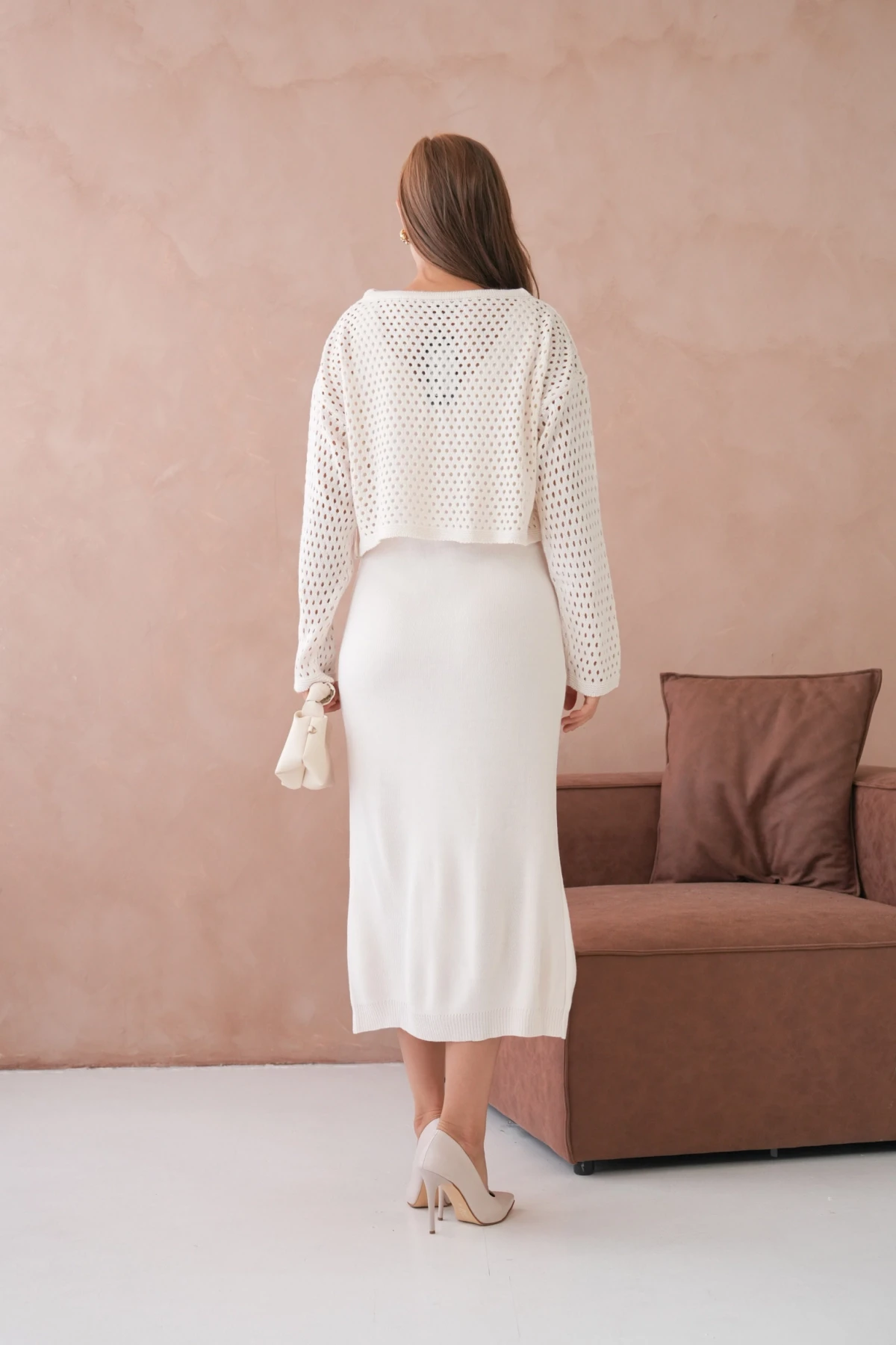 Kadın Geniş Yaka Örgü Detay İkili Triko Takım