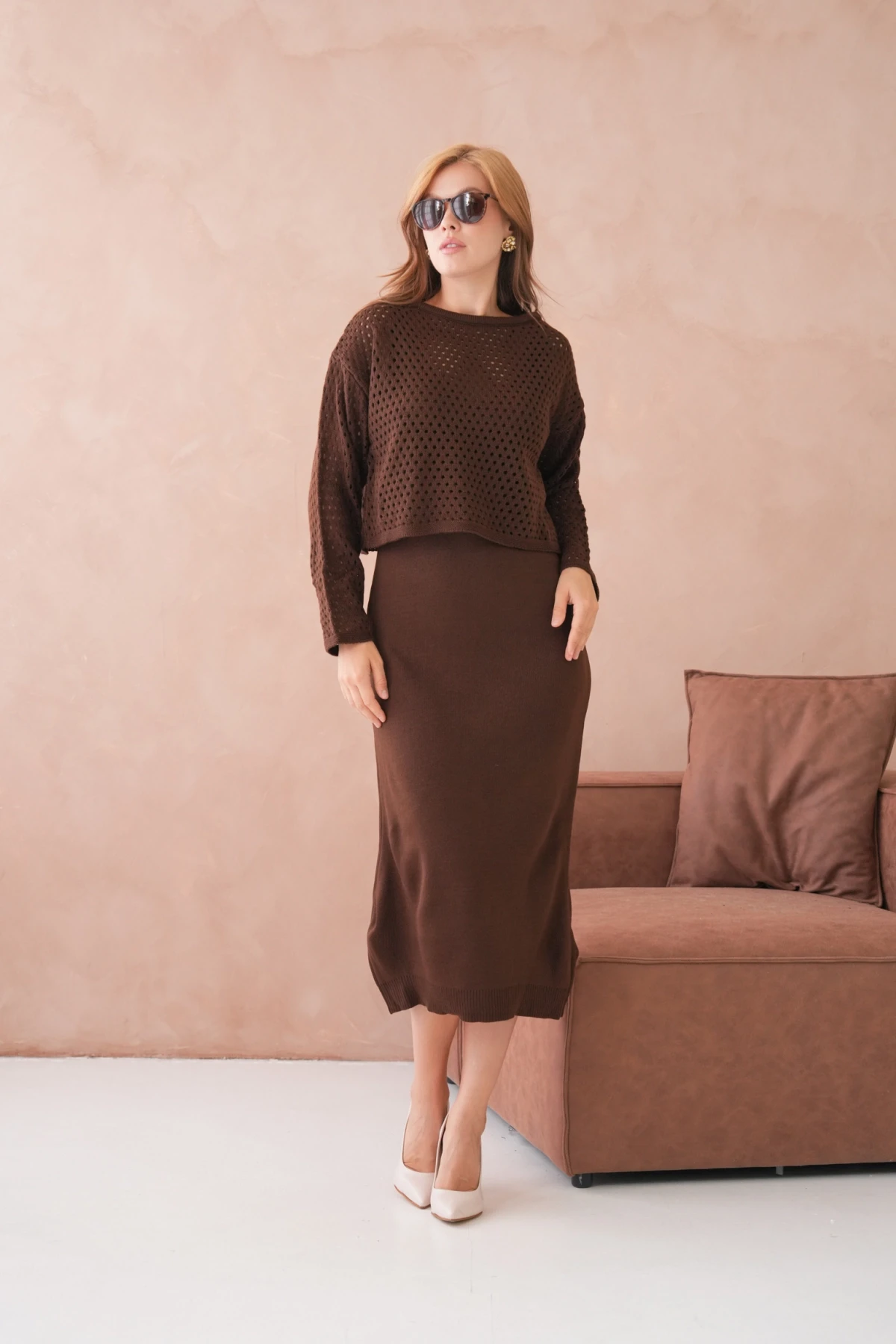 Kadın Geniş Yaka Örgü Detay İkili Triko Takım