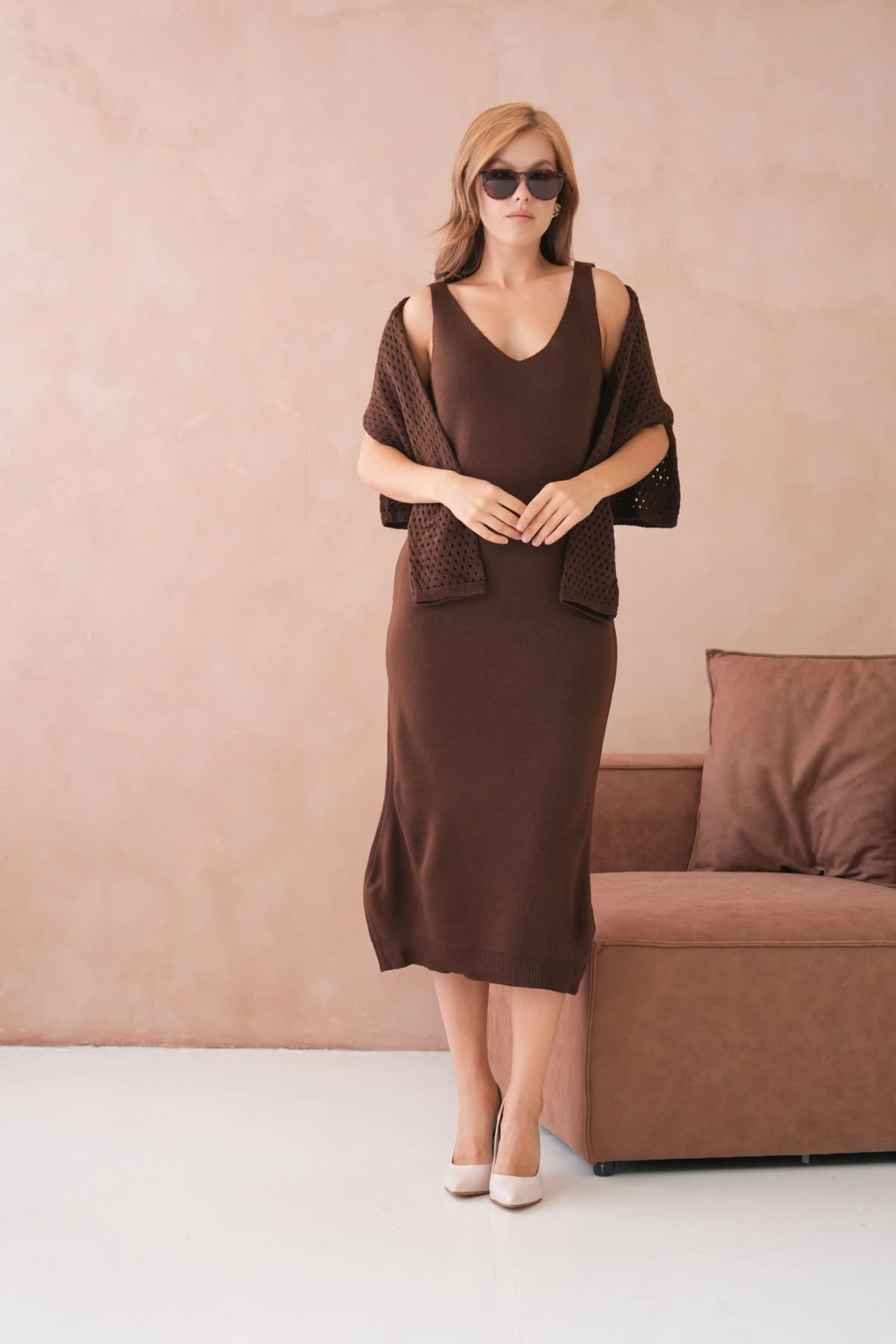 Kadın Geniş Yaka Örgü Detay İkili Triko Takım