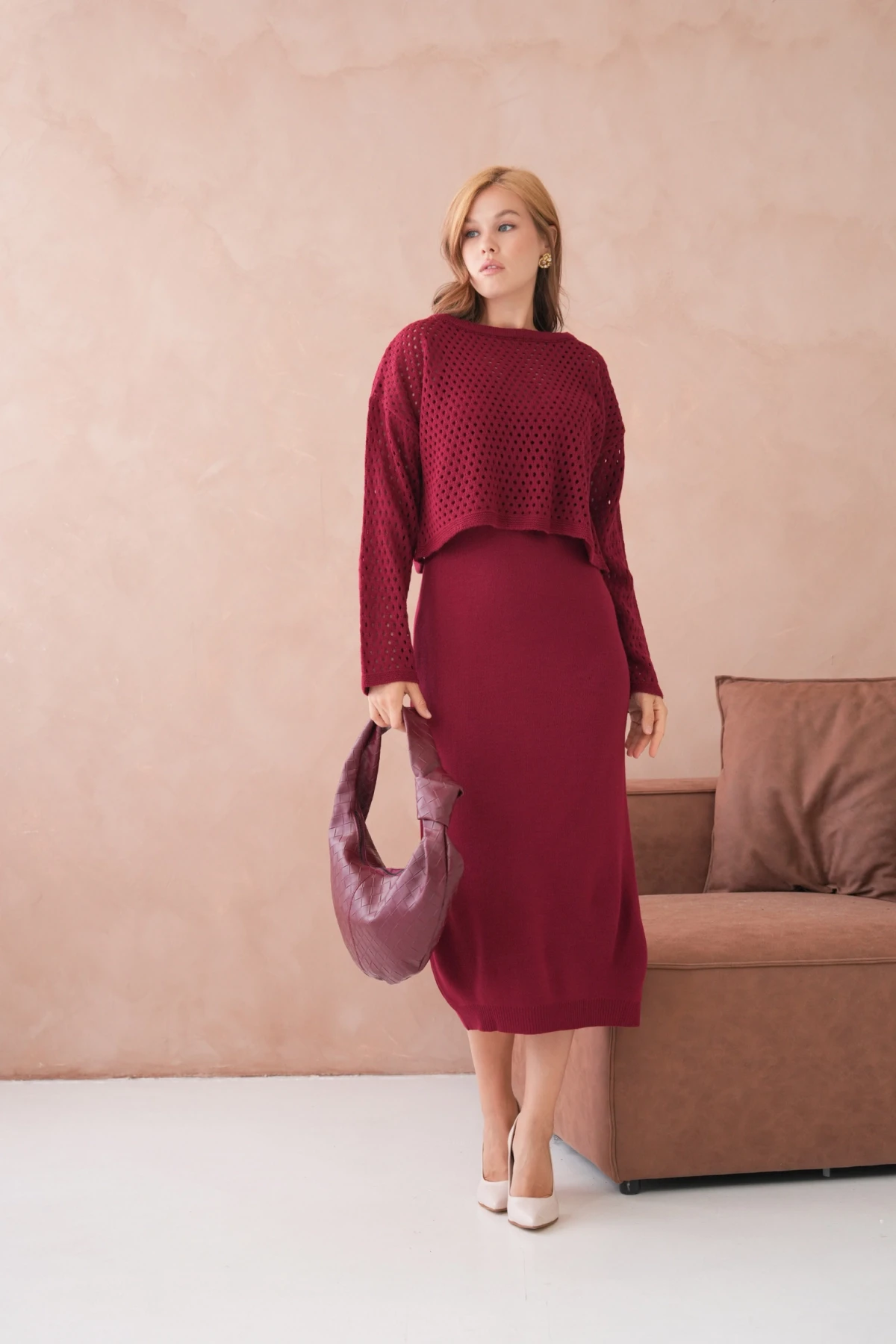 Kadın Geniş Yaka Örgü Detay İkili Triko Takım