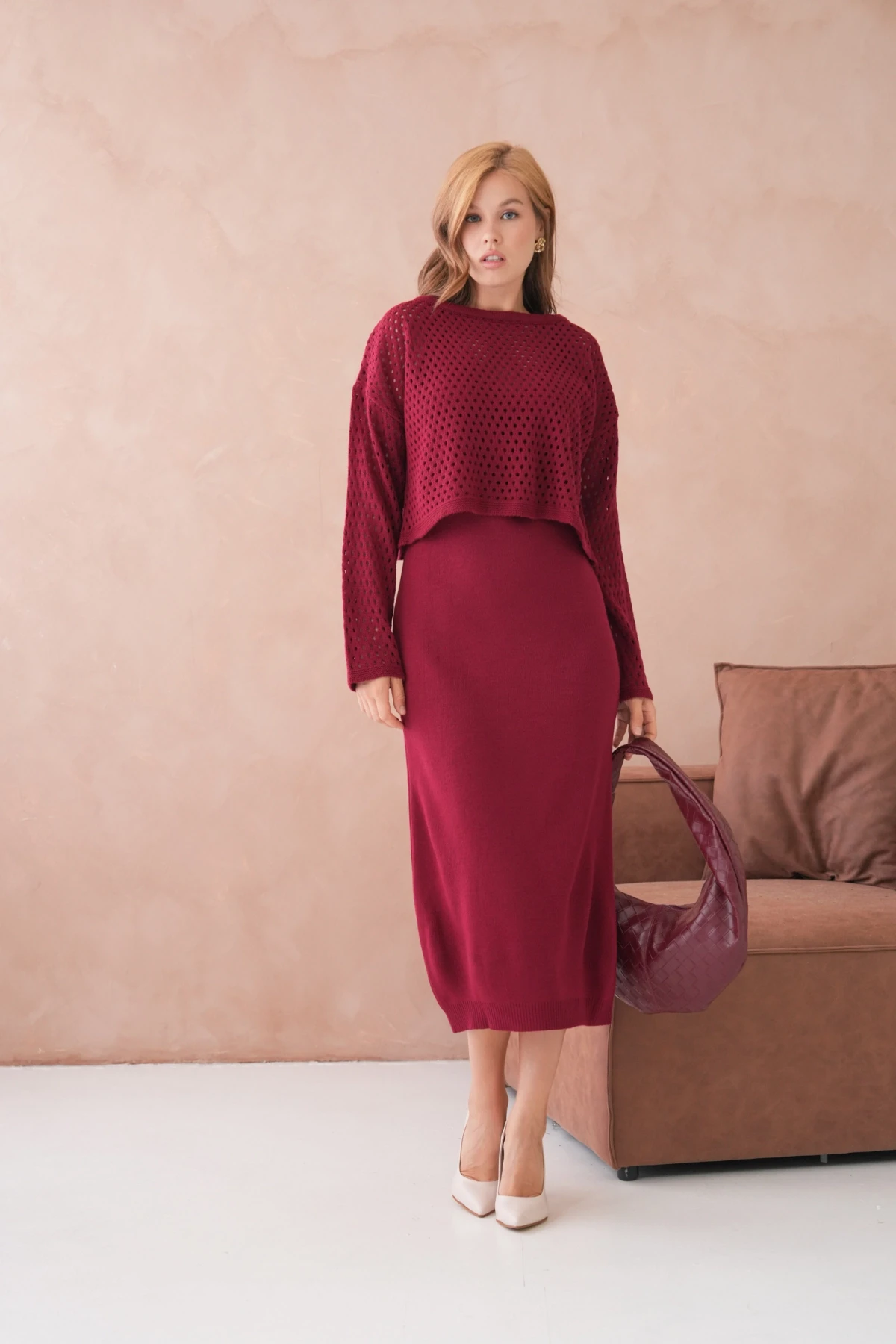 Kadın Geniş Yaka Örgü Detay İkili Triko Takım