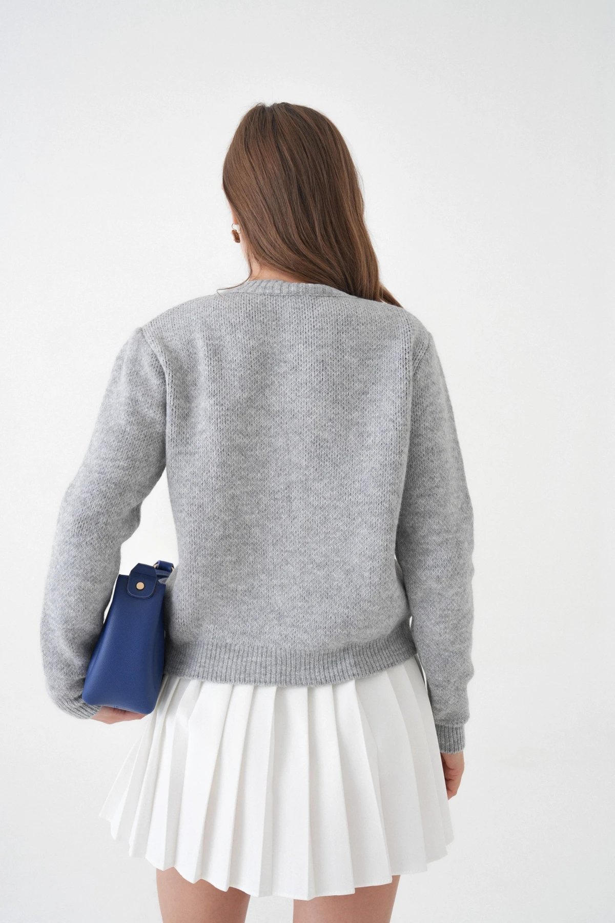 Kadın Gri Bisiklet Yaka Düğme Detay Desenli Triko Hırka