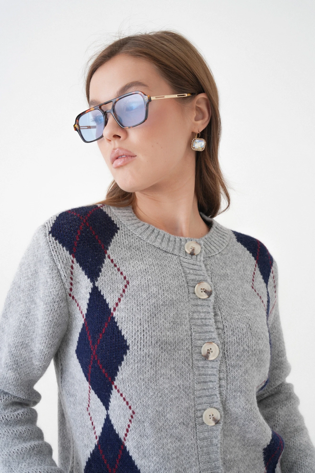 Kadın Gri Bisiklet Yaka Düğme Detay Desenli Triko Hırka