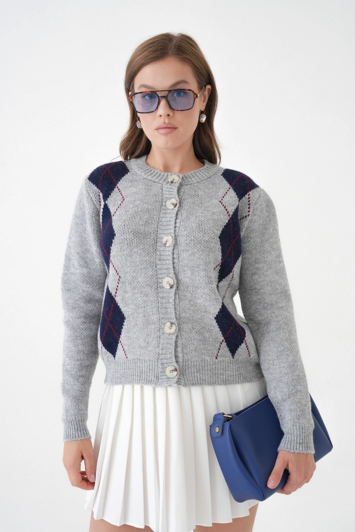 Kadın Gri Bisiklet Yaka Düğme Detay Desenli Triko Hırka