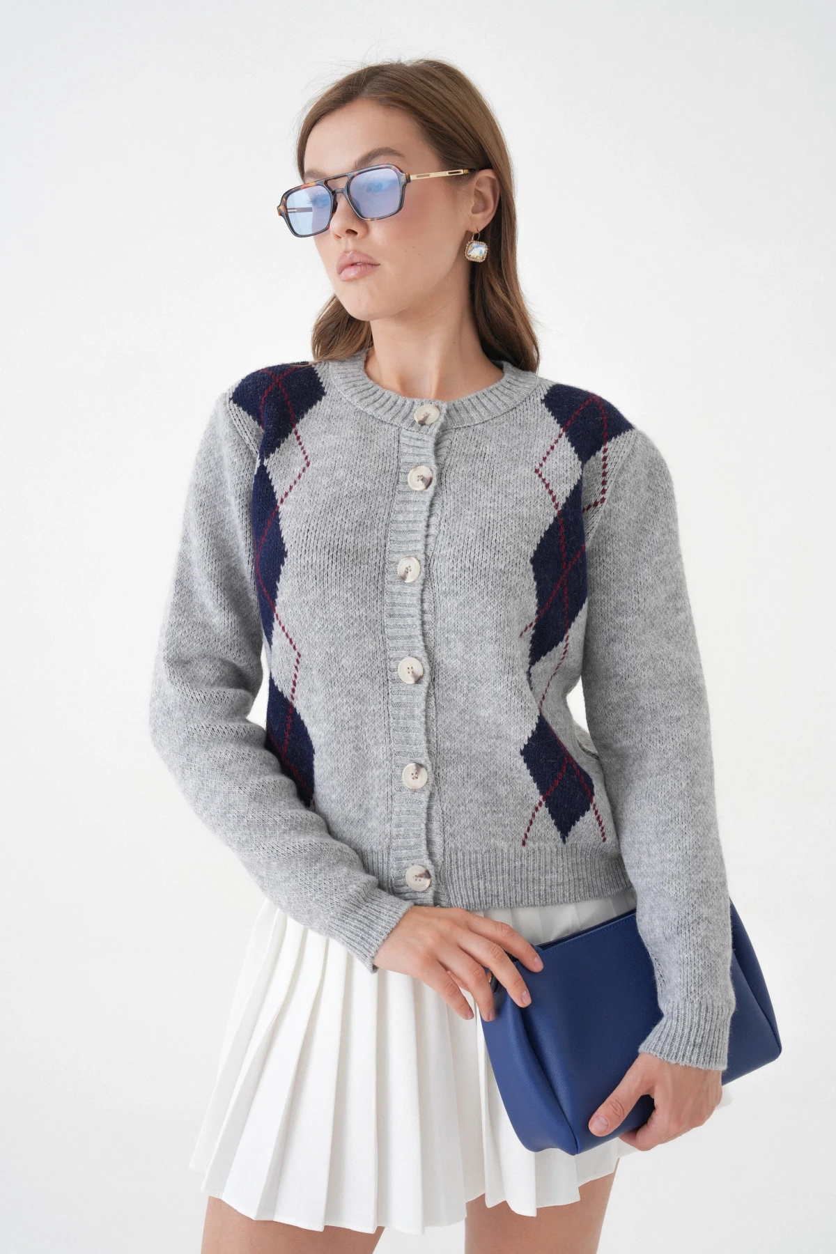 Kadın Gri Bisiklet Yaka Düğme Detay Desenli Triko Hırka