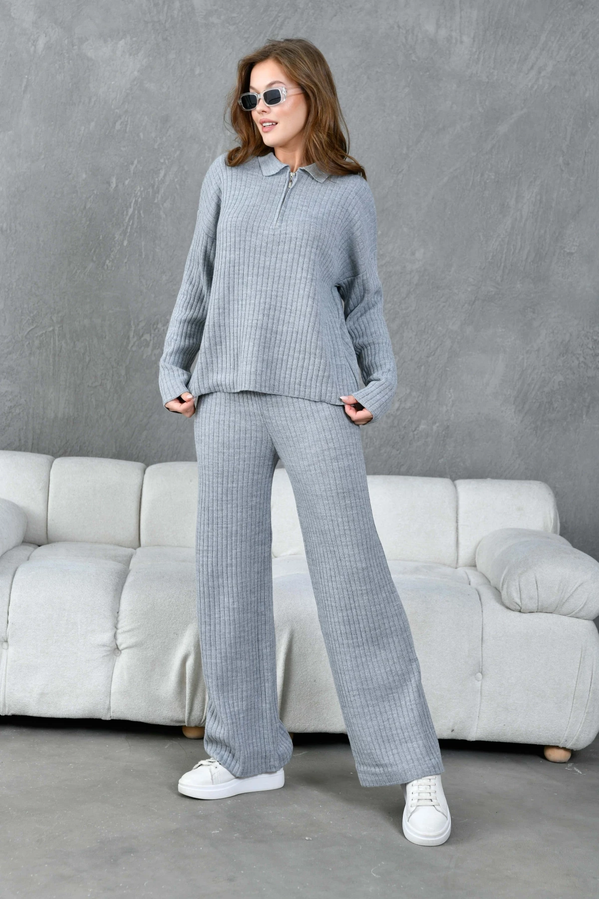 Kadın Gri Polo Yaka Oversize Kazak Pantolon Triko Alt-Üst Takım