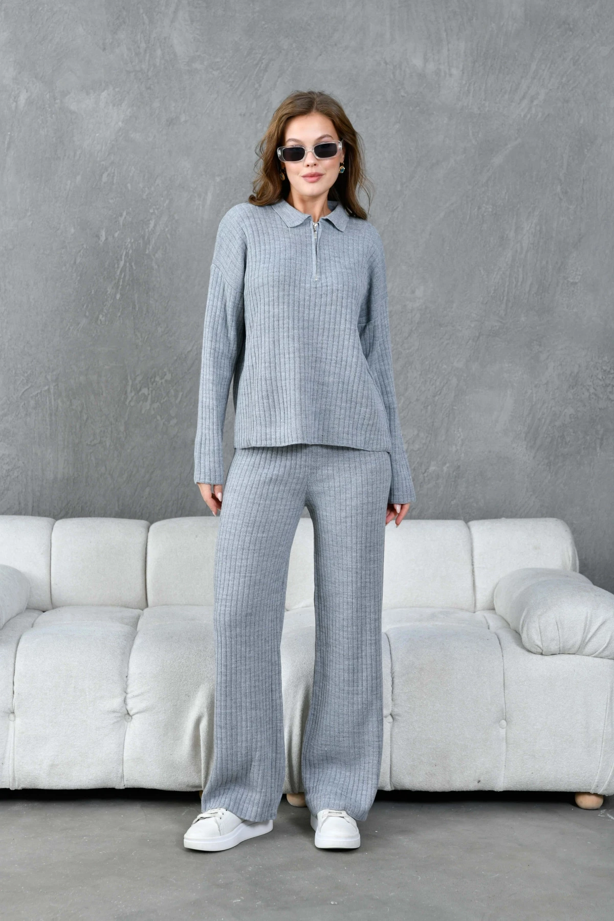 Kadın Gri Polo Yaka Oversize Kazak Pantolon Triko Alt-Üst Takım