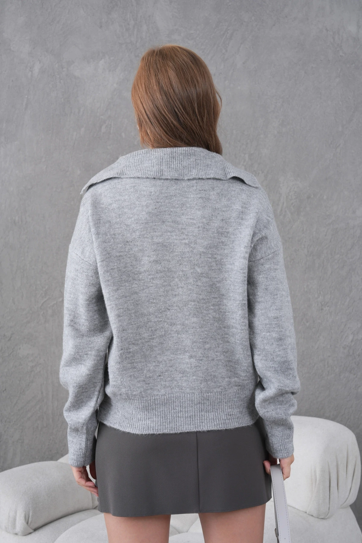 Kadın Gri Polo Yaka Oversize Yarım Pat Yumuşak Dokulu Triko Kazak