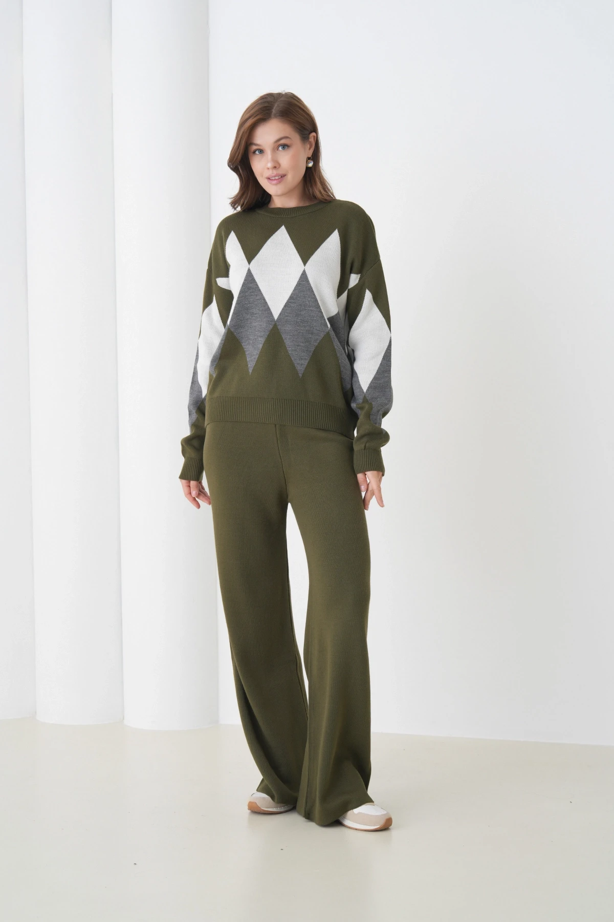 Kadın Haki Bisiklet Yaka Baklava Desenli Kazak Pantolon Triko Alt-Üst Takım