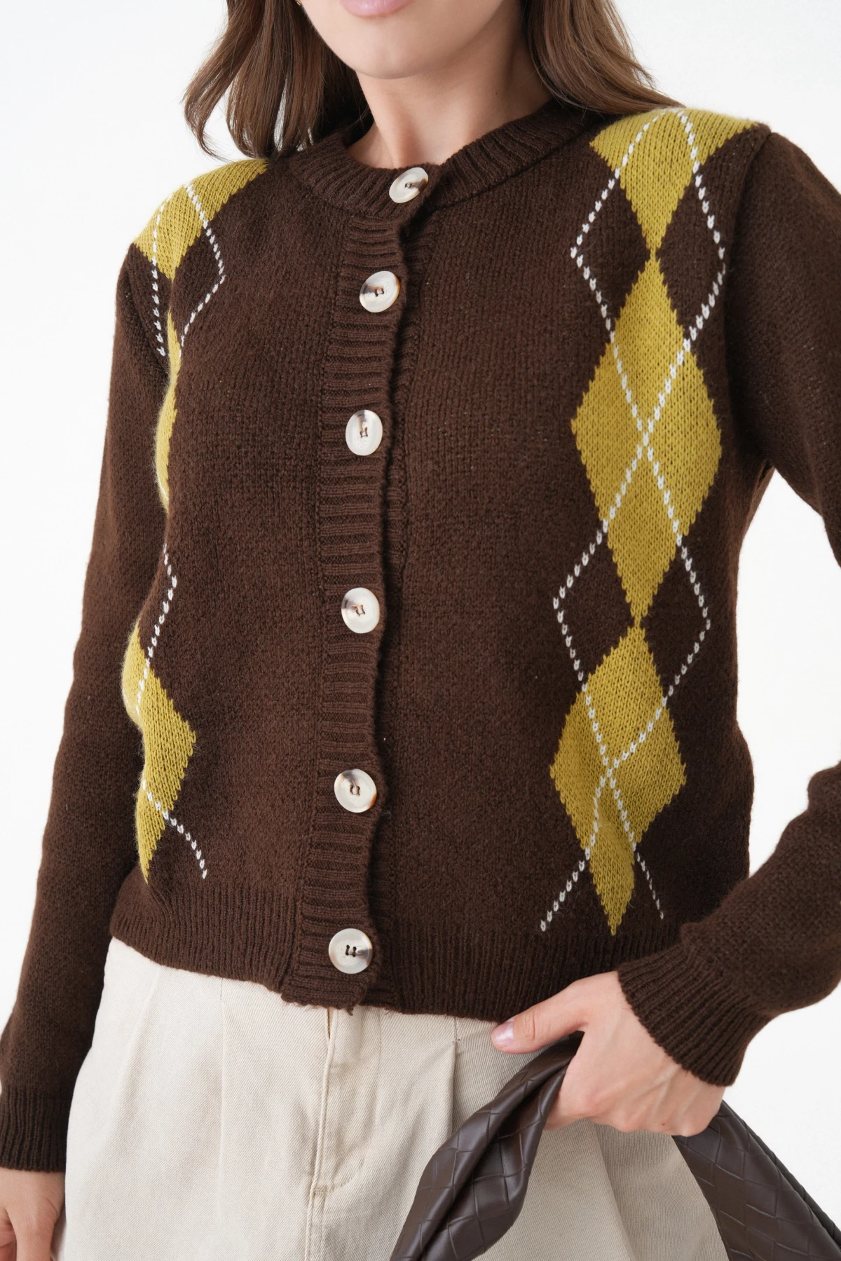 Kadın Kahve Bisiklet Yaka Düğme Detay Desenli Triko Hırka