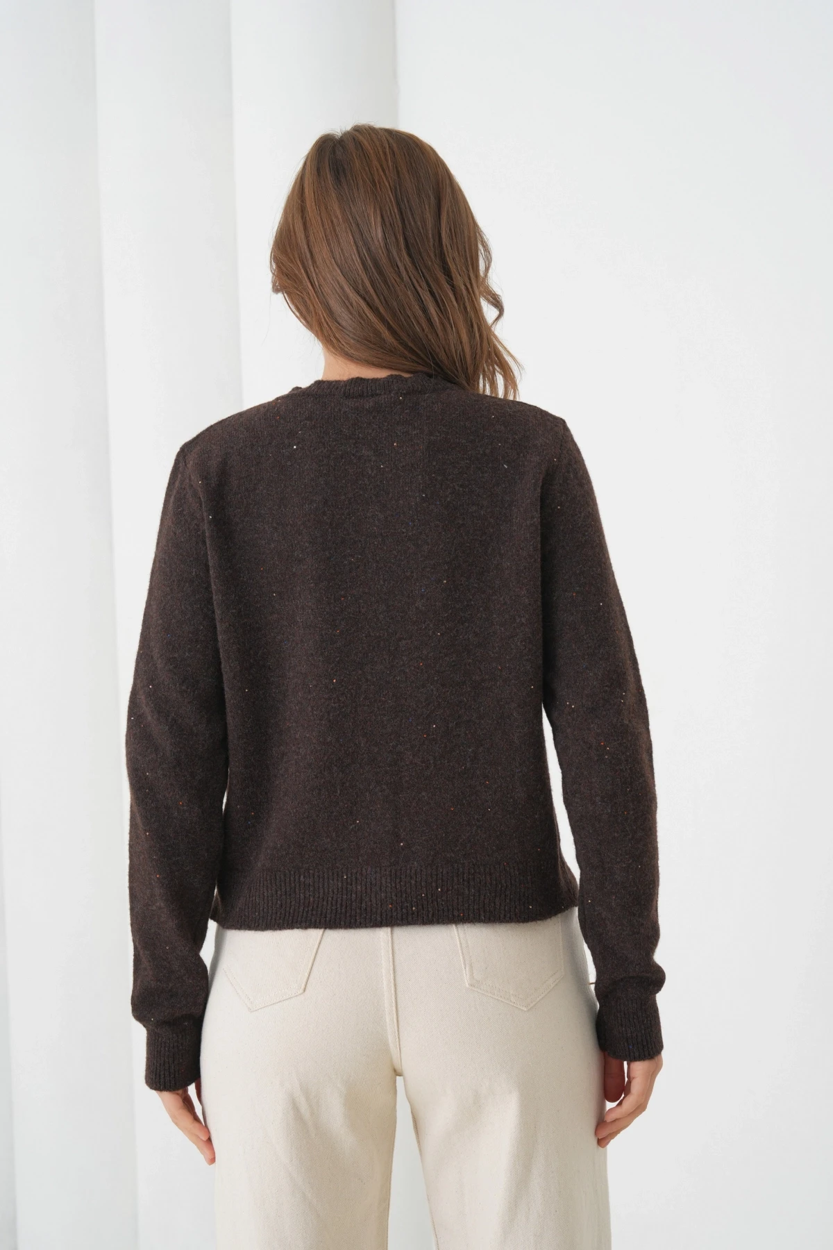 Kadın Kahve Bisiklet Yaka Düğme Detay Yumuşak Dokulu Triko Hırka