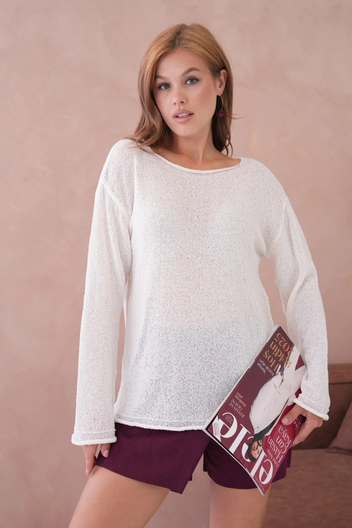 Kadın Kemik Basic Oversize Kayık Yaka Dokulu Triko Kazak