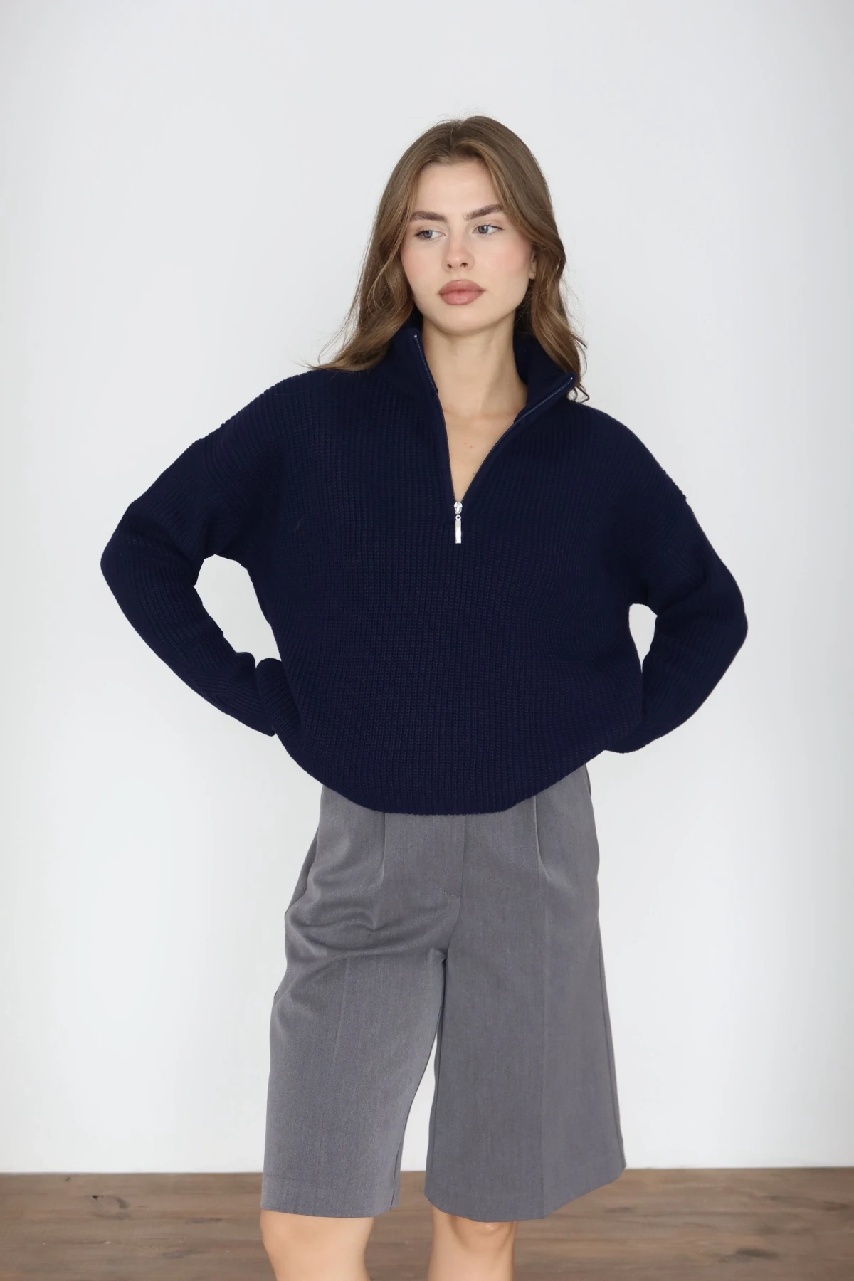 Kadın Lacivert Oversize Fermuarlı Basic Triko Kazak