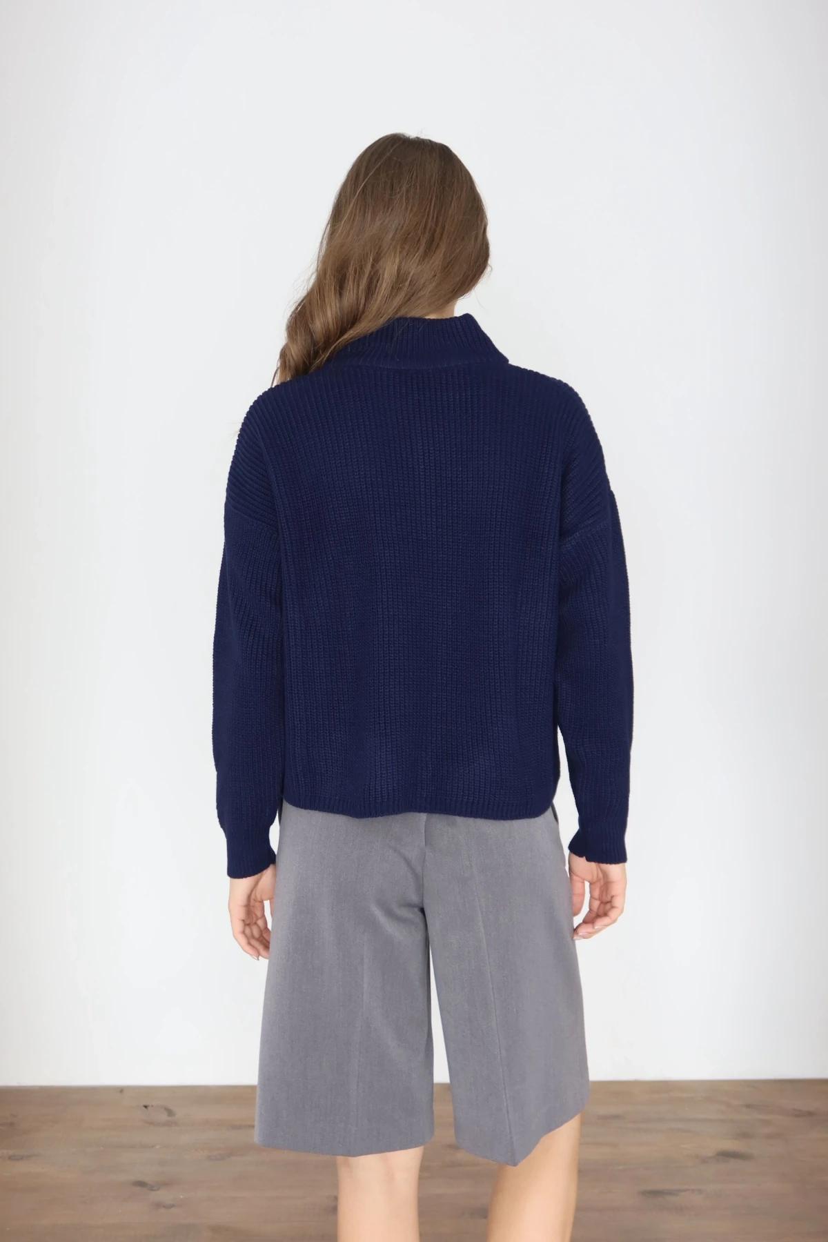 Kadın Lacivert Oversize Fermuarlı Basic Triko Kazak