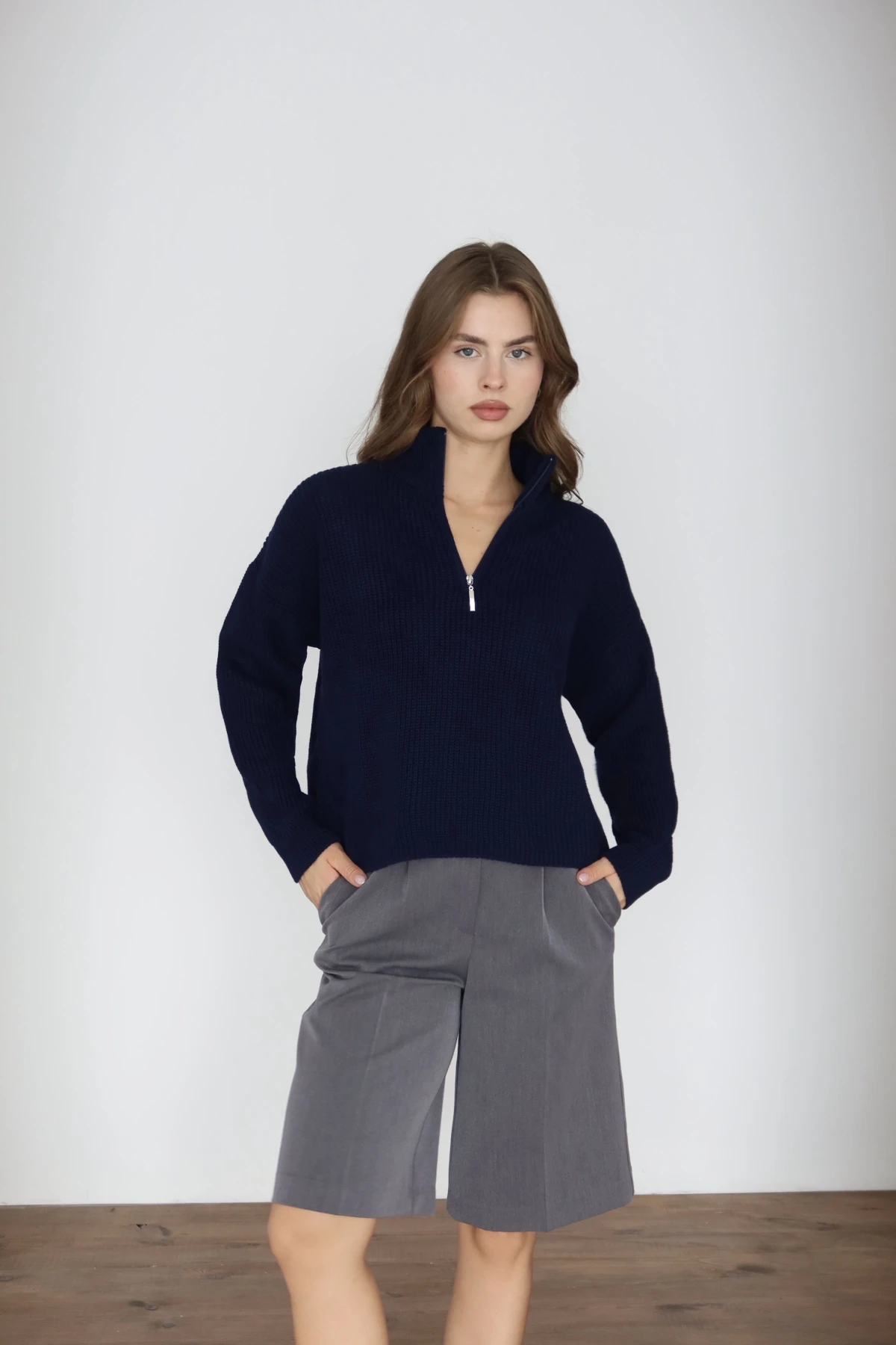 Kadın Lacivert Oversize Fermuarlı Basic Triko Kazak