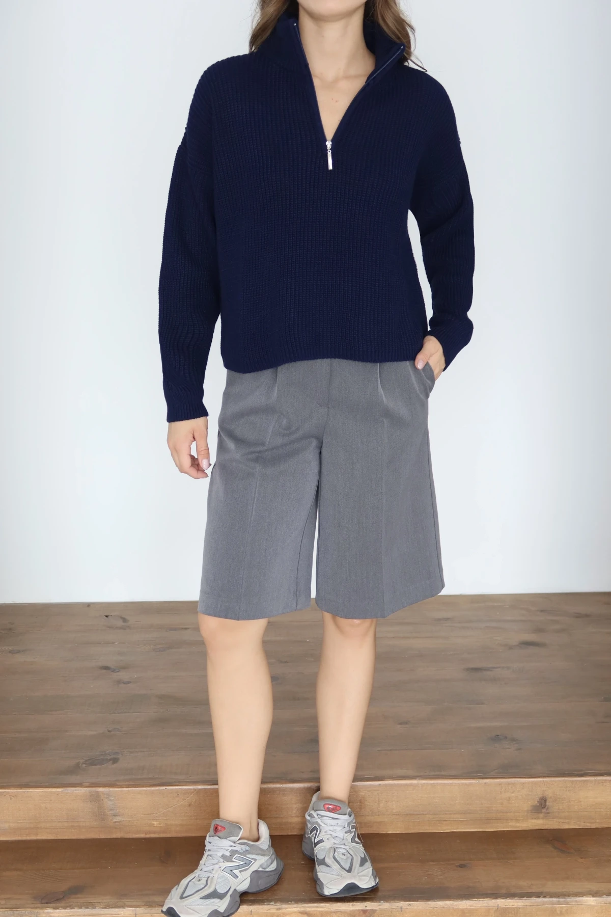 Kadın Lacivert Oversize Fermuarlı Basic Triko Kazak