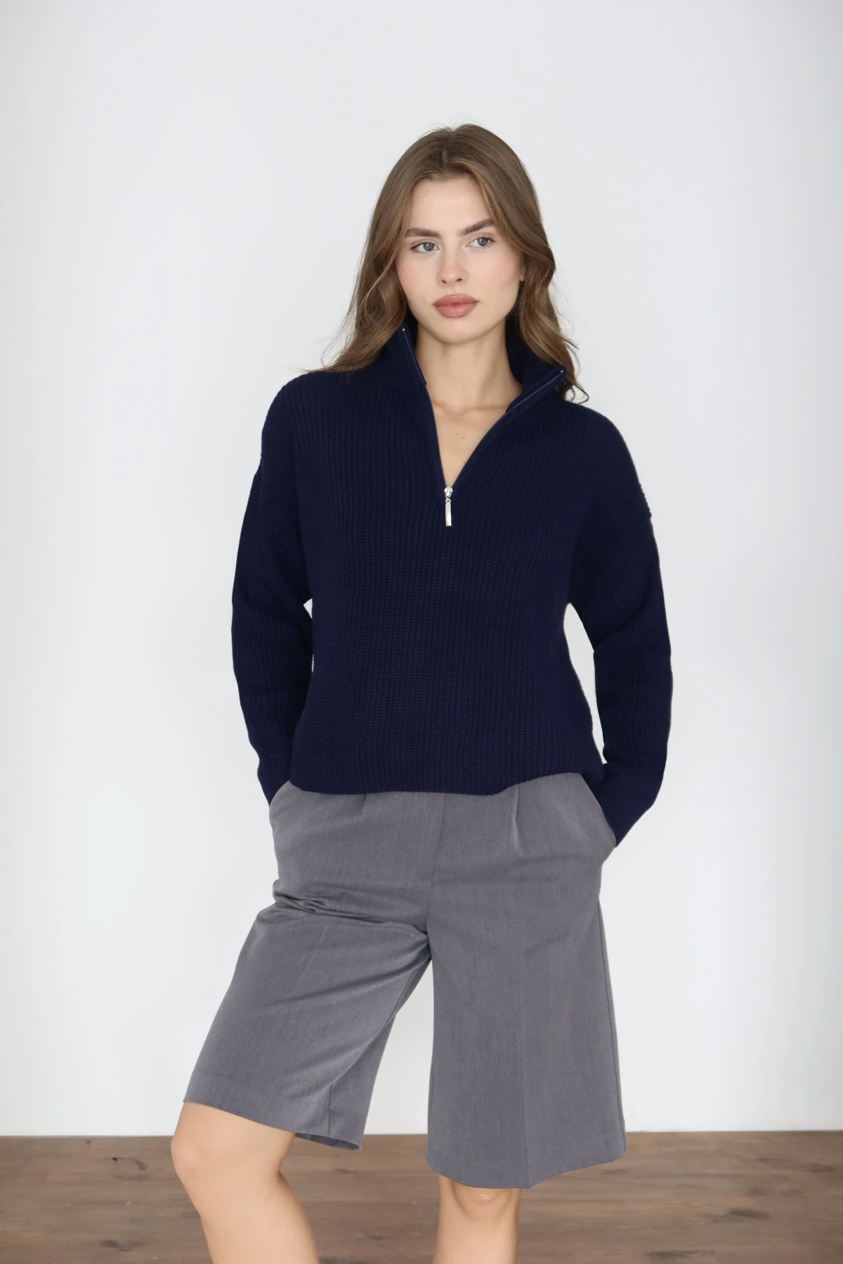 Kadın Lacivert Oversize Fermuarlı Basic Triko Kazak