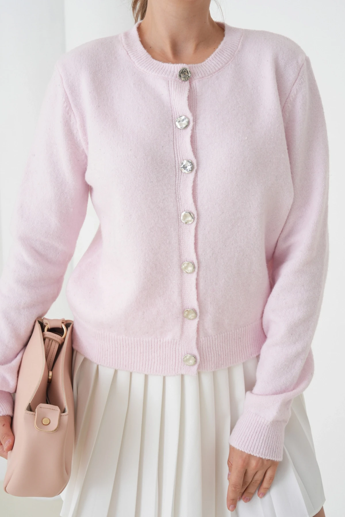 Kadın Pembe Bisiklet Yaka Düğme Detay Yumuşak Dokulu Triko Hırka