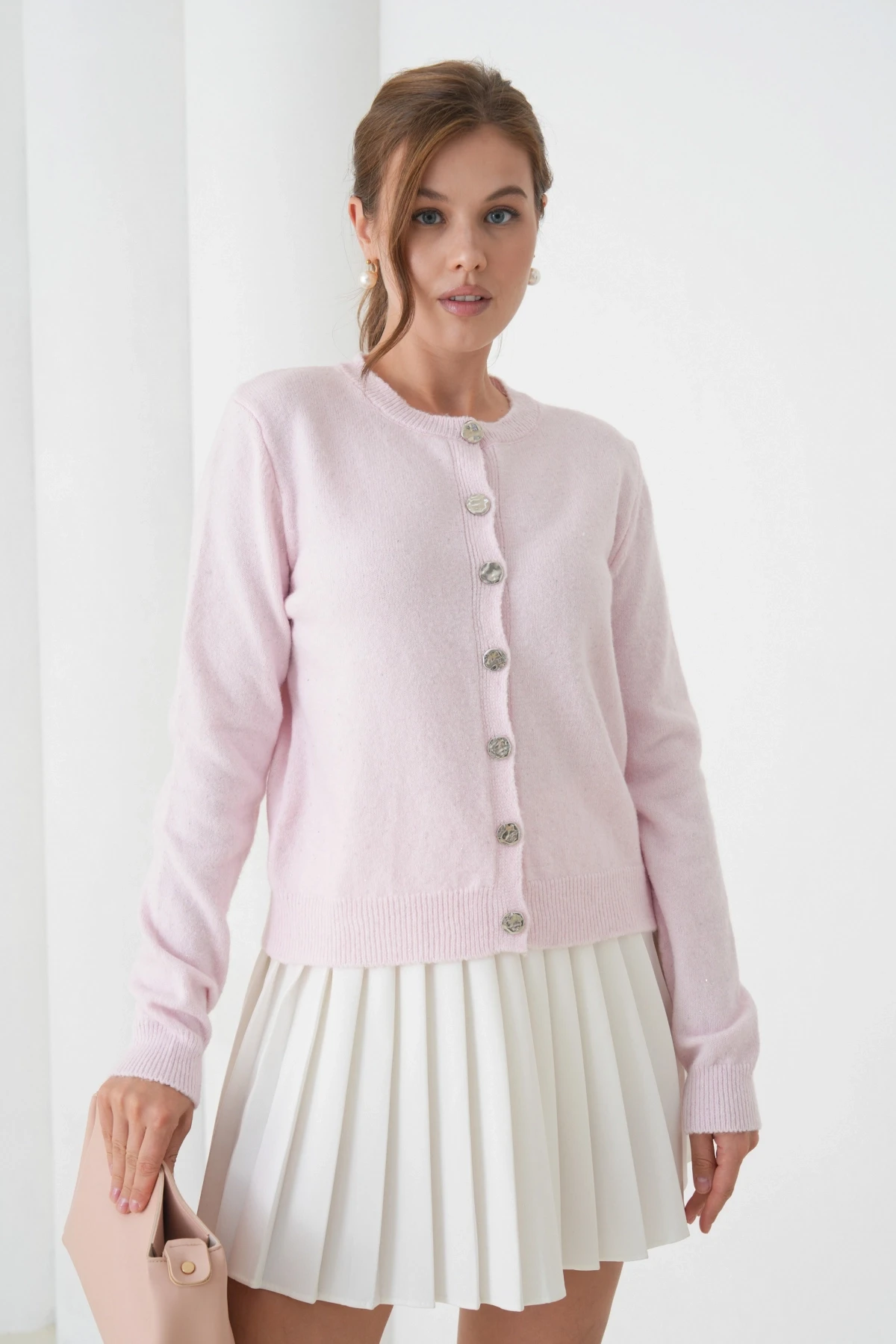 Kadın Pembe Bisiklet Yaka Düğme Detay Yumuşak Dokulu Triko Hırka