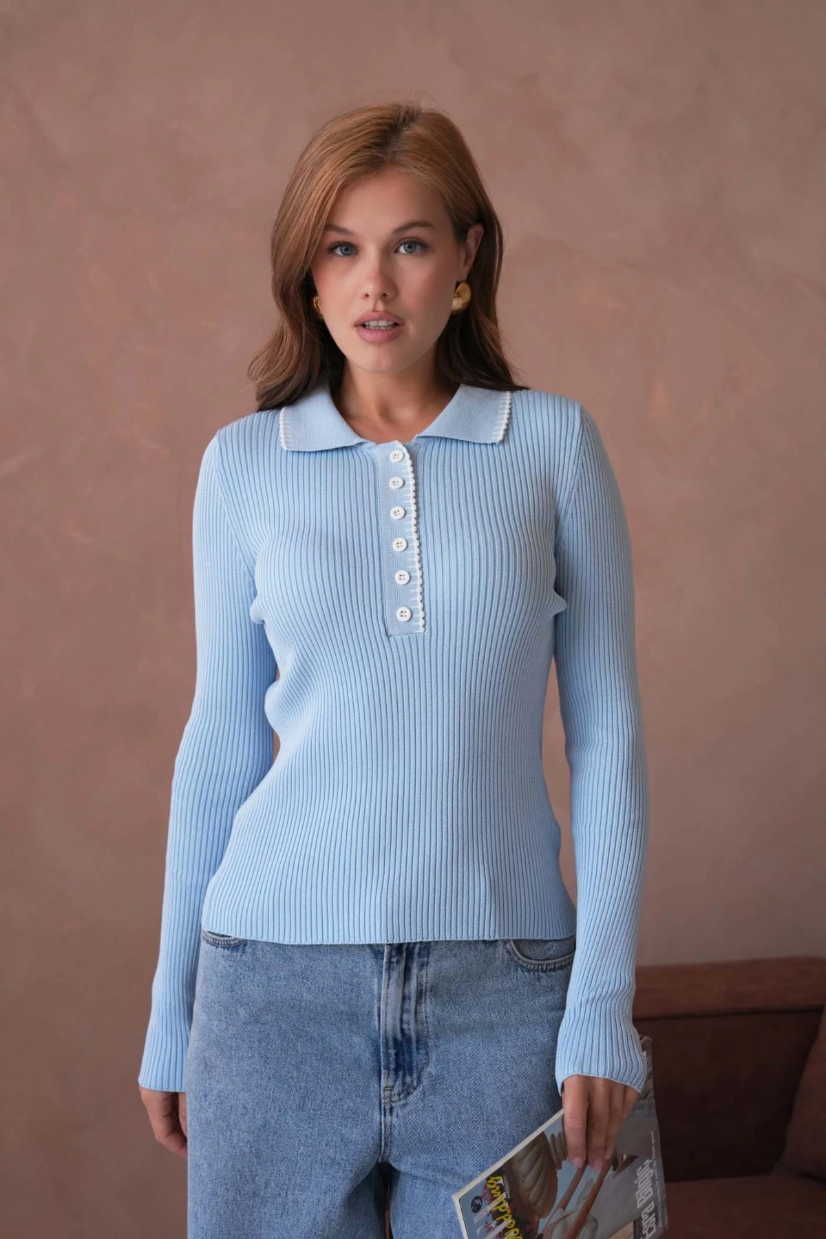 Kadın Polo Yak Agarni Dikişli Kaşkorse Triko Kazak