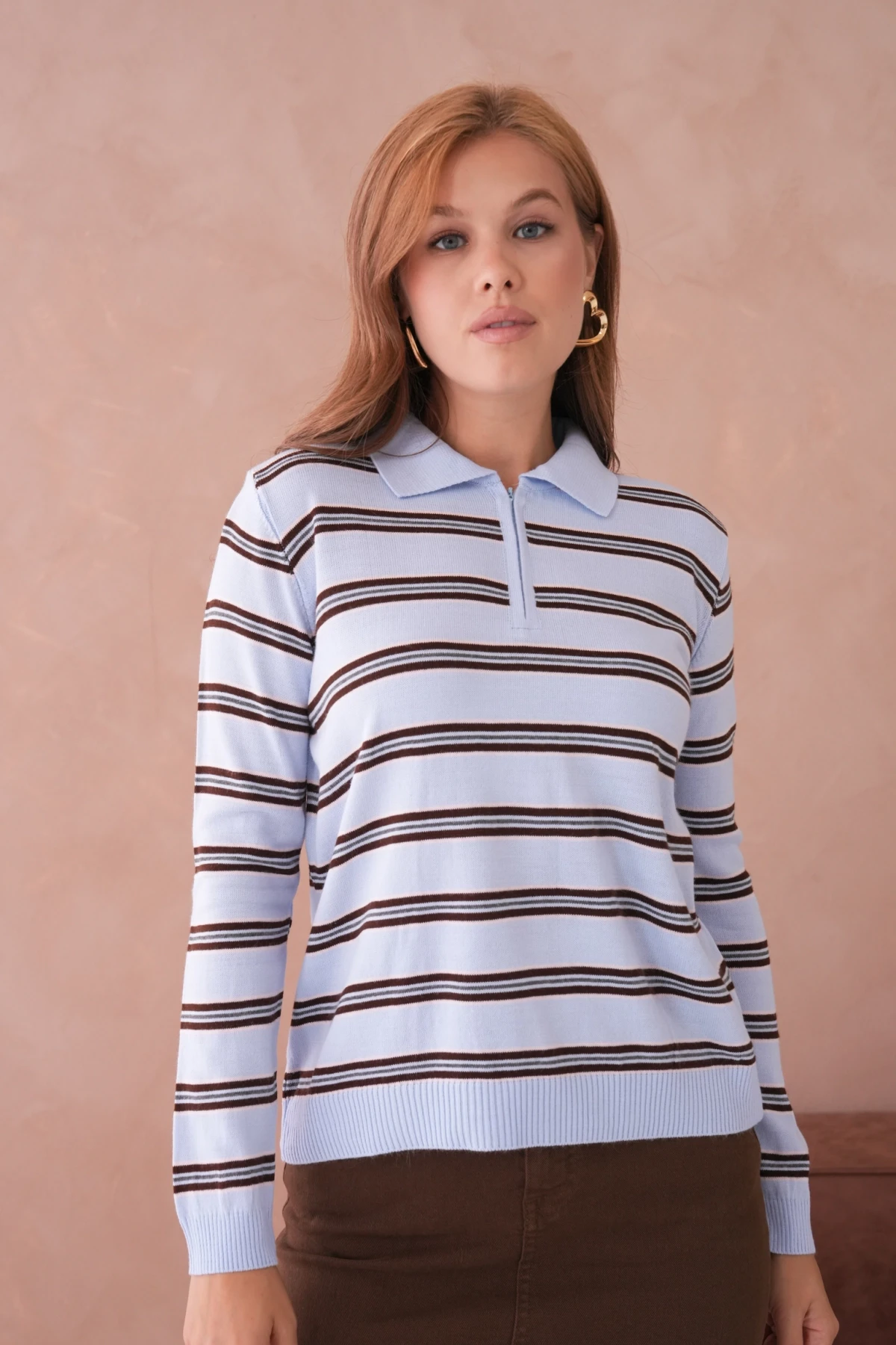 Kadın Polo Yaka Çizgi Detay Oversize Triko Kazak