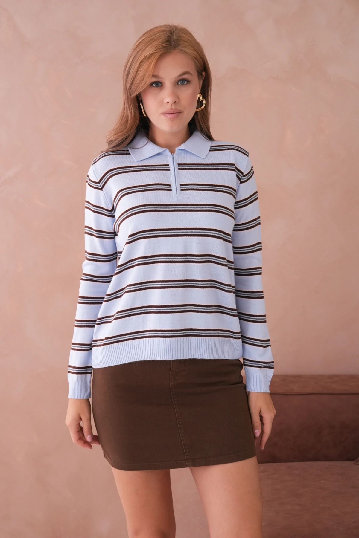 Kadın Polo Yaka Çizgi Detay Oversize Triko Kazak