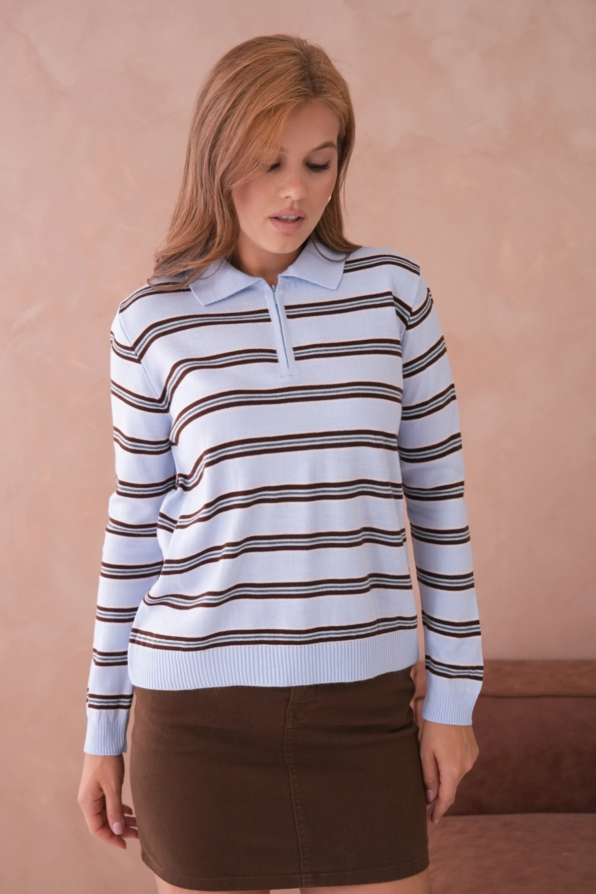 Kadın Polo Yaka Çizgi Detay Oversize Triko Kazak