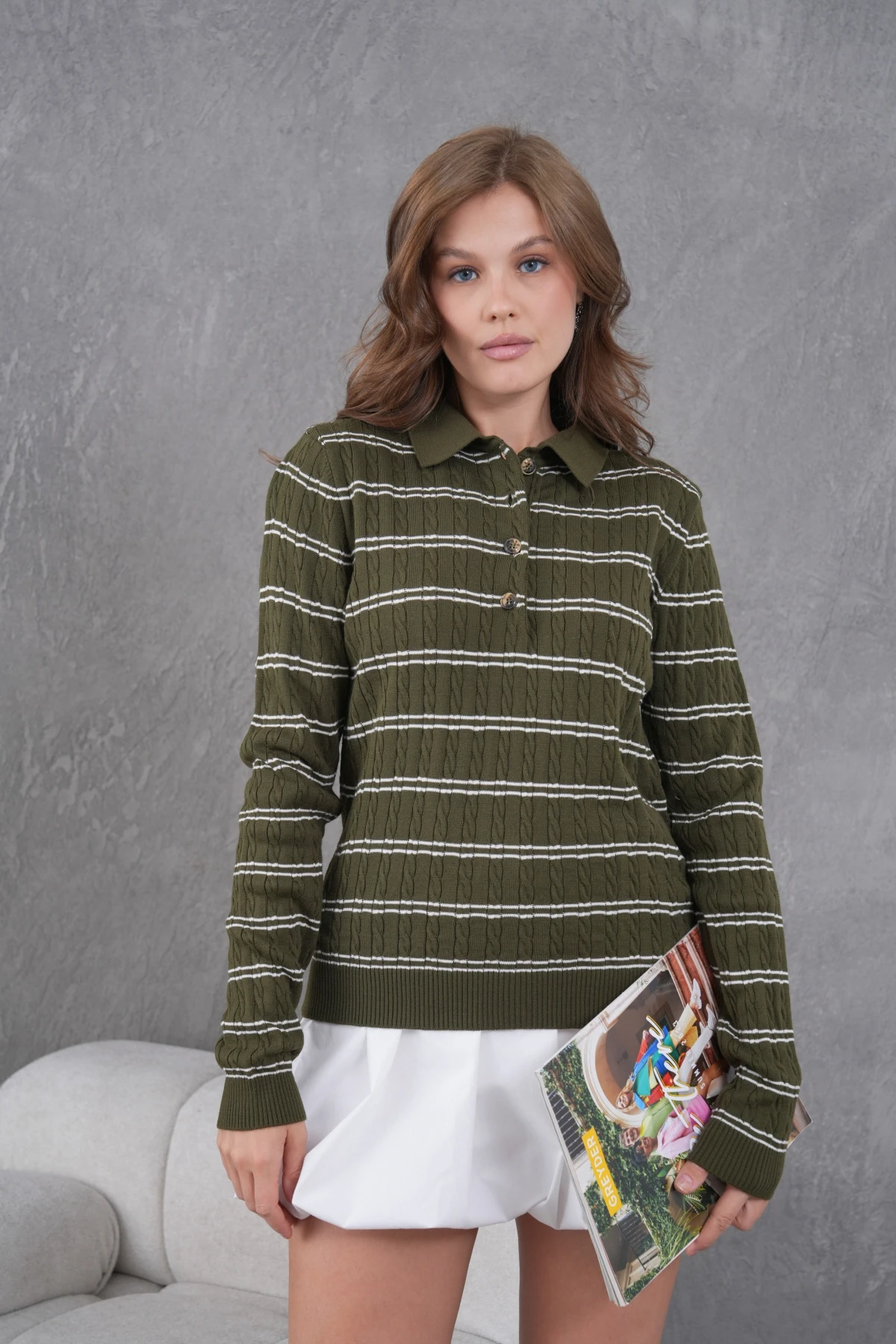 Kadın Polo Yaka Çizgi Detay Saç Örgü Triko Kazak