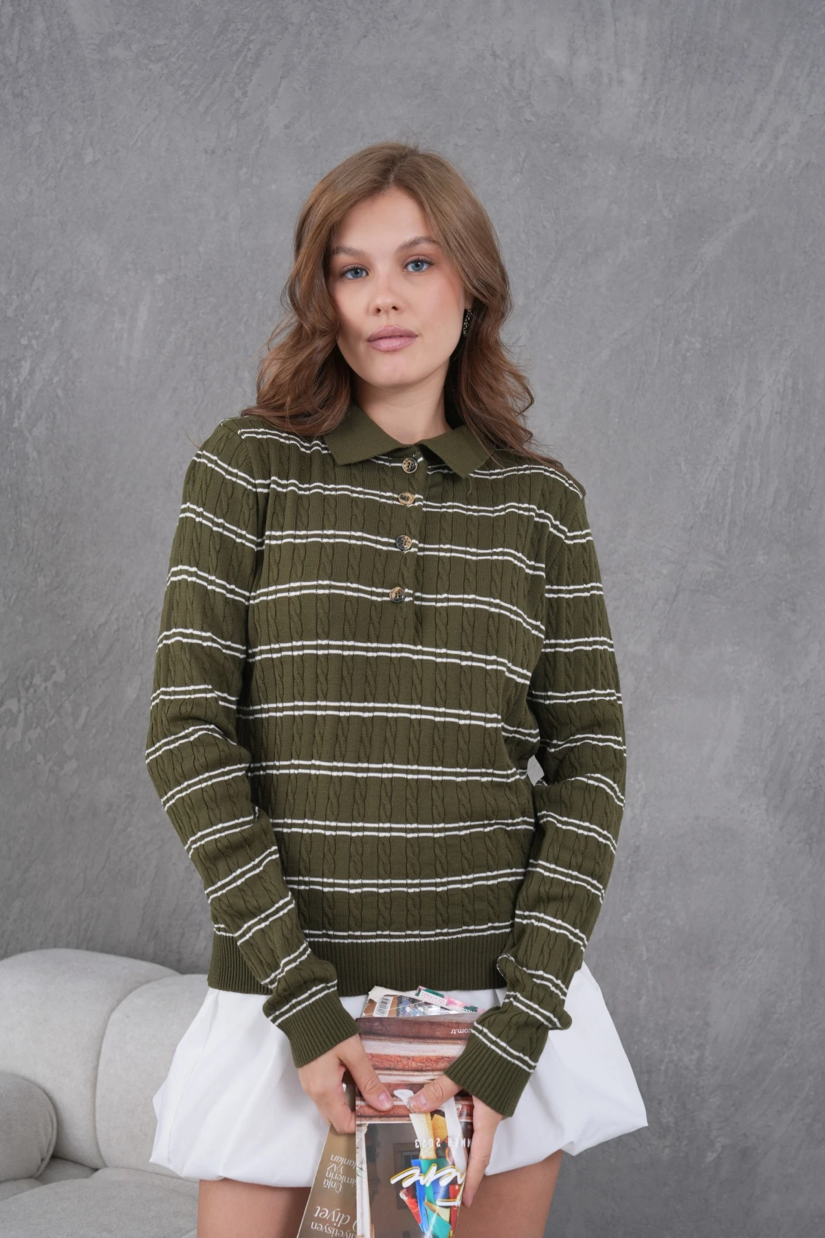 Kadın Polo Yaka Çizgi Detay Saç Örgü Triko Kazak
