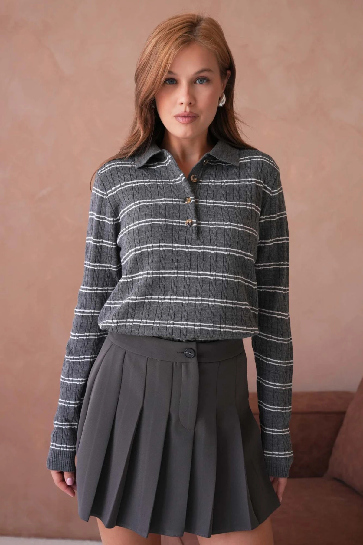 Kadın Polo Yaka Çizgi Detay Saç Örgü Triko Kazak