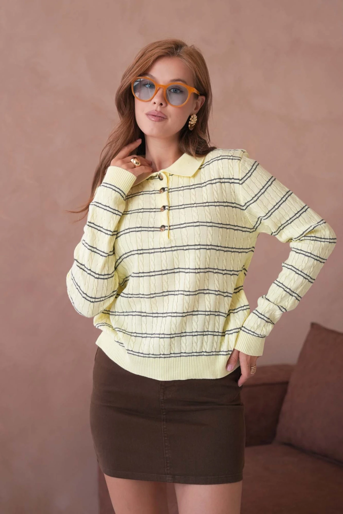 Kadın Polo Yaka Çizgi Detay Saç Örgü Triko Kazak