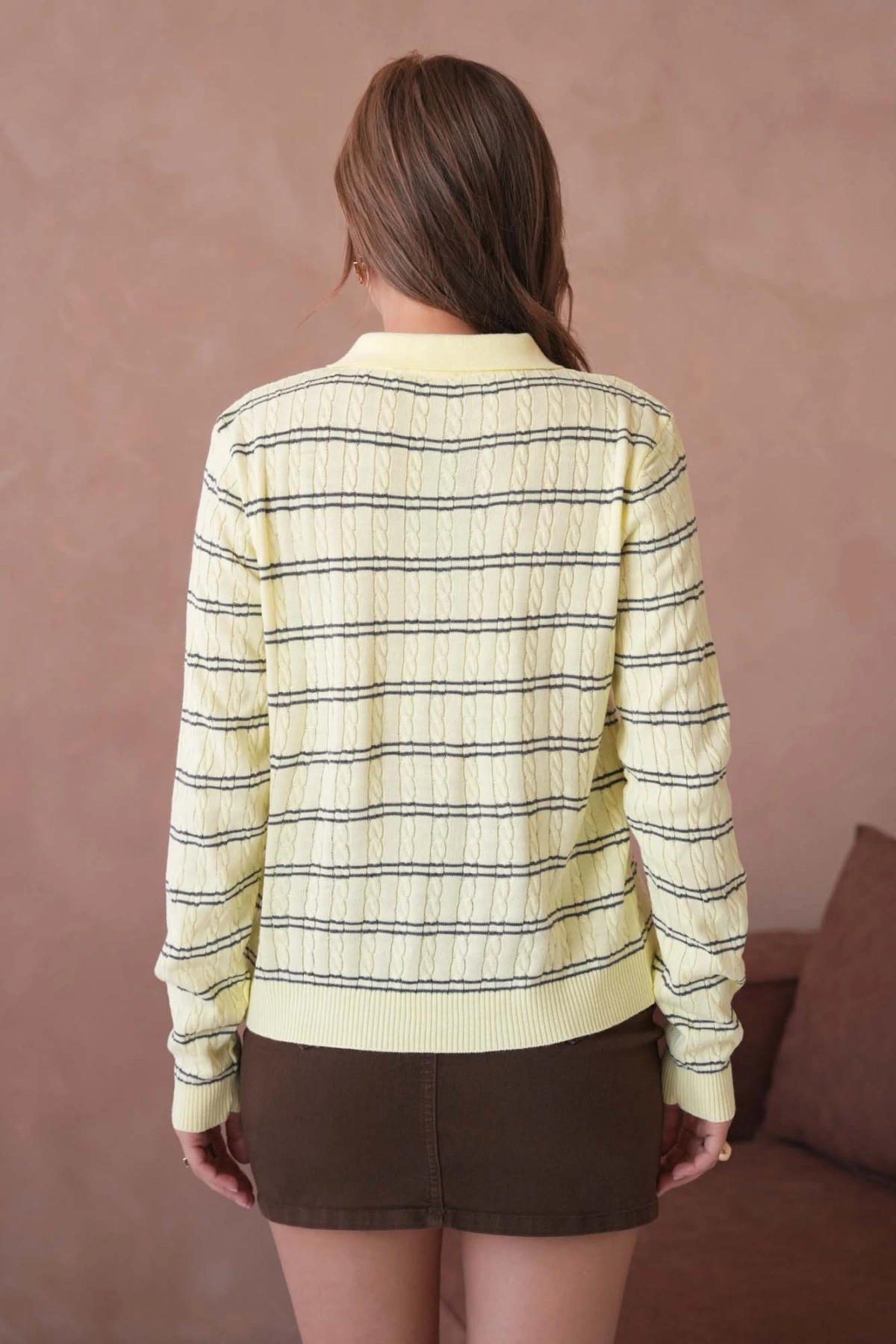 Kadın Polo Yaka Çizgi Detay Saç Örgü Triko Kazak