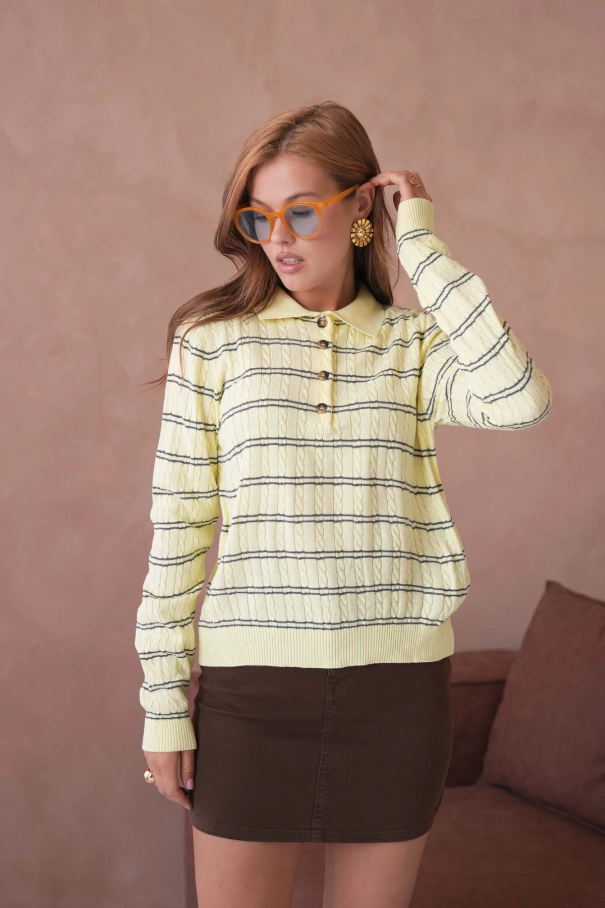 Kadın Polo Yaka Çizgi Detay Saç Örgü Triko Kazak