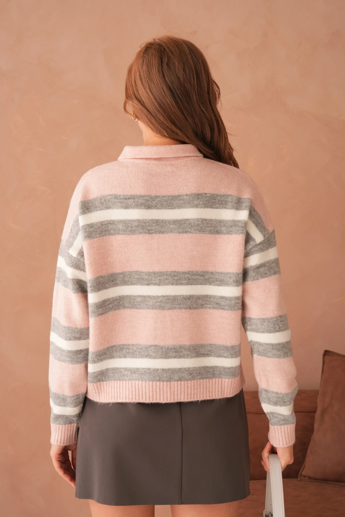 Kadın Polo Yaka Çizgili Oversize Triko Kazak