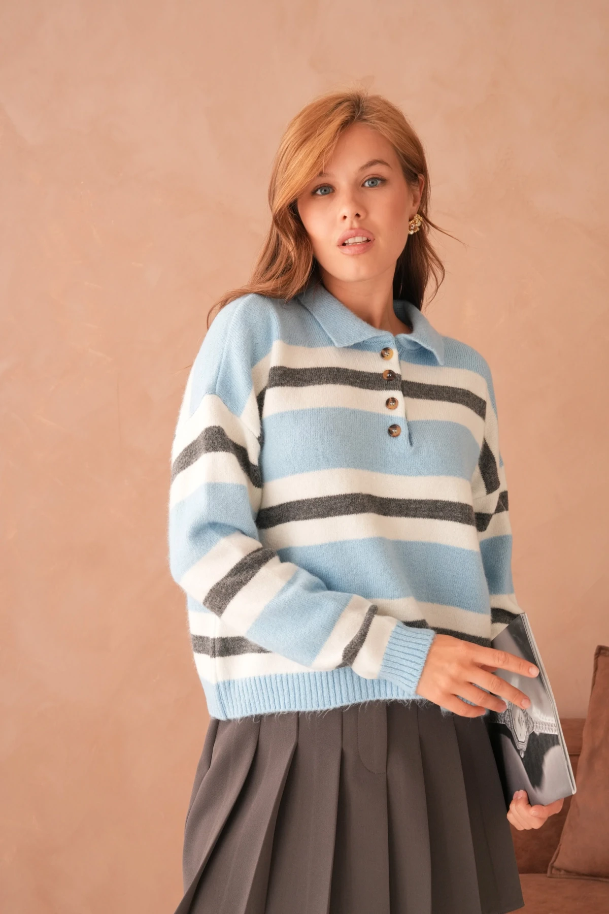 Kadın Polo Yaka Çizgili Oversize Triko Kazak