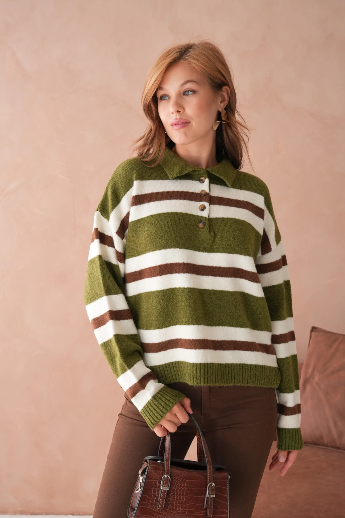 Kadın Polo Yaka Çizgili Oversize Triko Kazak