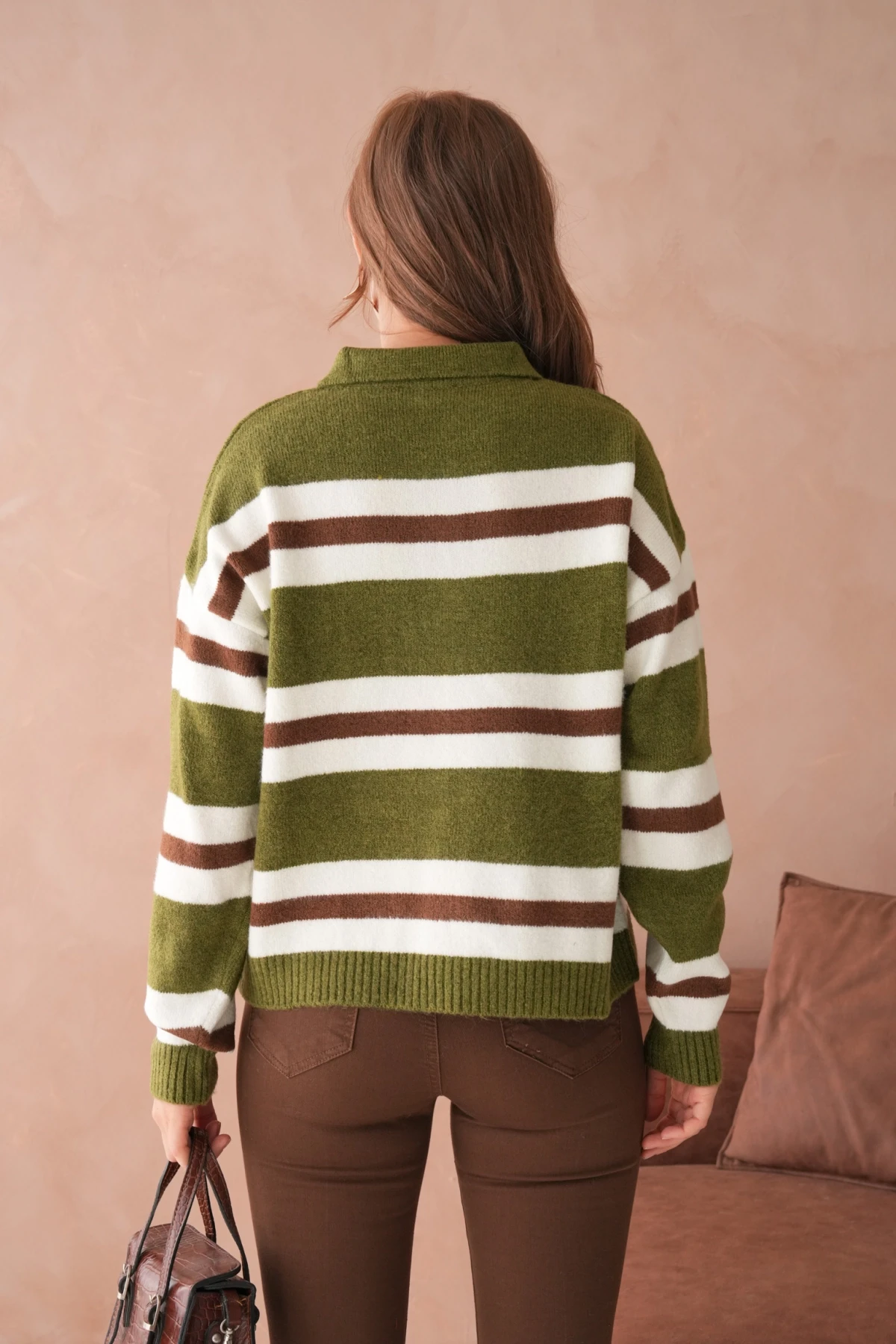 Kadın Polo Yaka Çizgili Oversize Triko Kazak