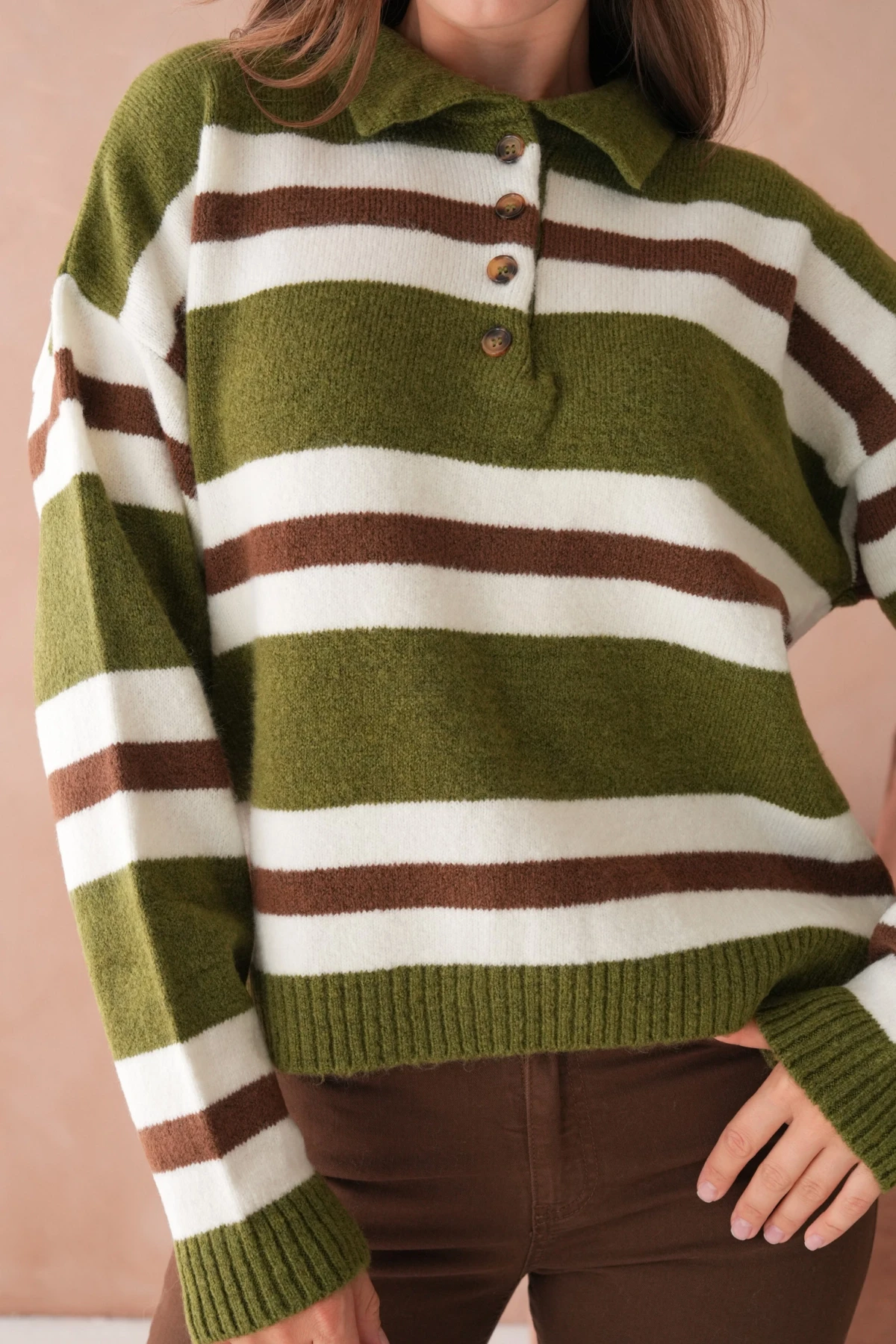 Kadın Polo Yaka Çizgili Oversize Triko Kazak