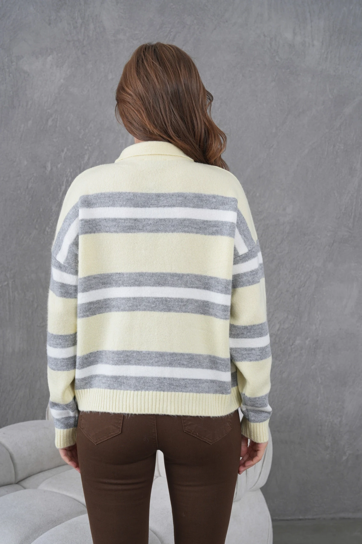 Kadın Polo Yaka Çizgili Oversize Triko Kazak