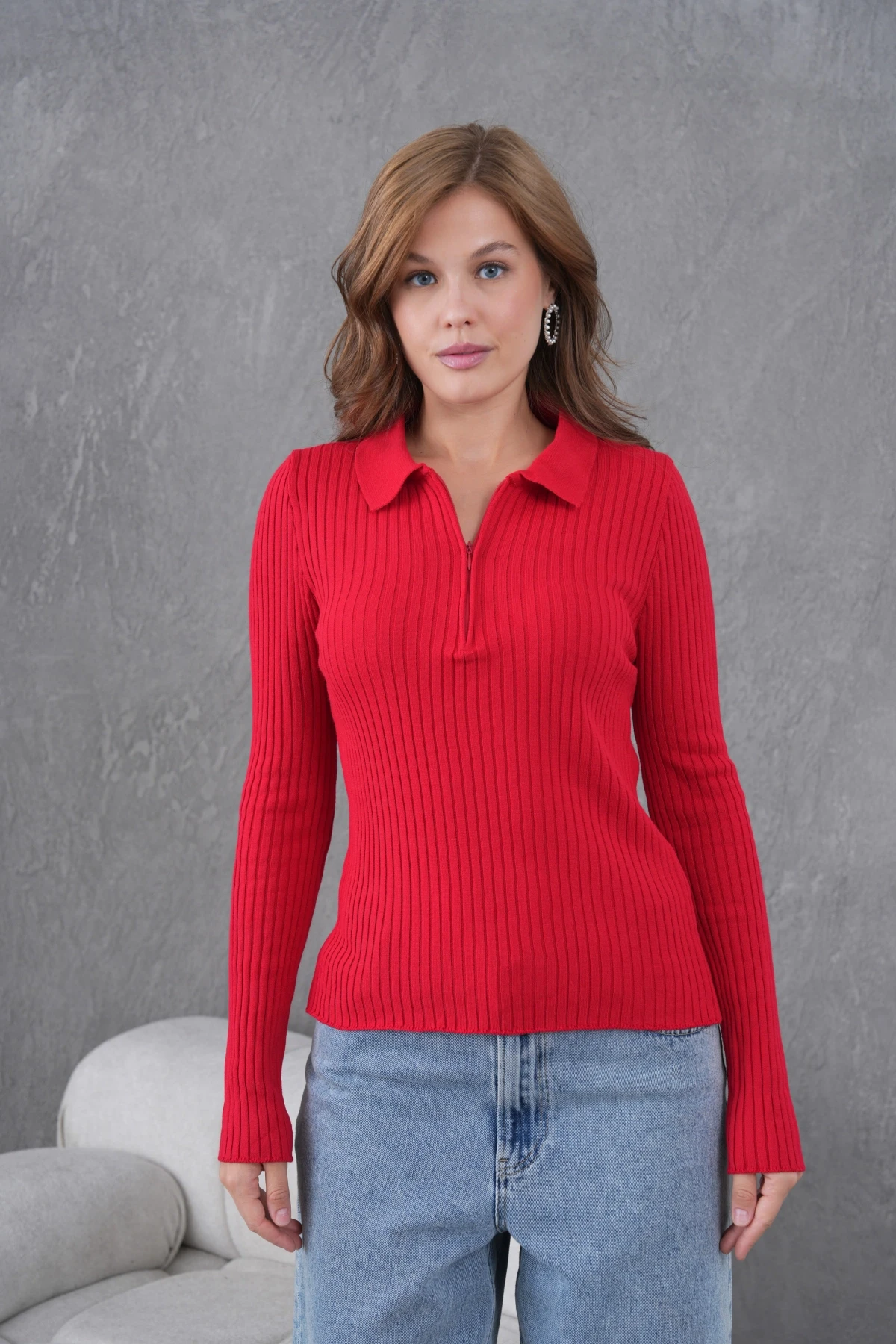 Kadın Polo Yaka Fermuar Detay Kaşkorse Triko Kazak